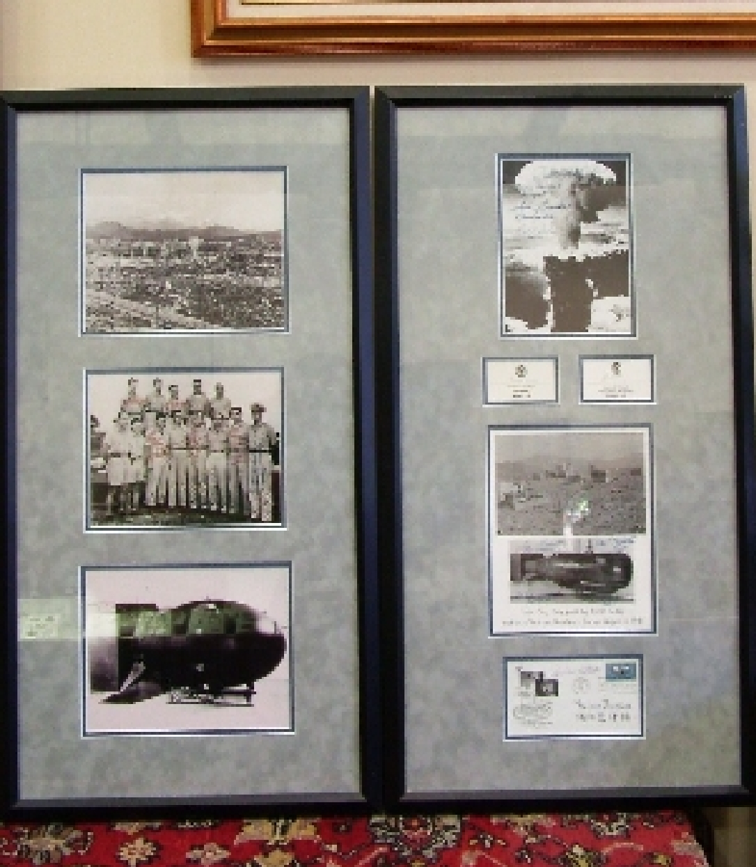 Set of two UV proof conservation display framed collections of World War 2 Enola Gay crew and D Day autographed memorabilia. 
One unsigned photo of Nagasaki; one photo of Bockscar crew signed in 1945 by Ray Gallagher; Fred J Olivi; John D Kuhareck; Charles Donald Albury; Charles Sweeney; and Frederick Ashworth. 
One photo of mushroom cloud signed by Paul Tibbets;  Dutch  Van Kirk; Tom Ferebee; and Richard Nelson. Two signed cards; George Caron and Jacob Beser. One signed composition photo of Hiroshima and Little Boy signed by Tom Ferebee; Dutch Van Kirk; Paul Tibbets; and Richard Nelson. One 1965 International Cooperation Year cachet postcard signed by Paul Tibbets and Mitsuo Fuchida. 