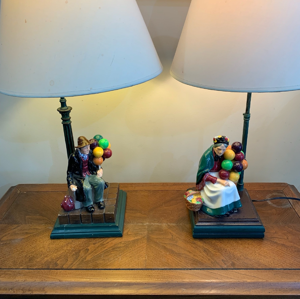 Pair of Vintage Side Table Lamps with   Man and Women Holding Balloons  