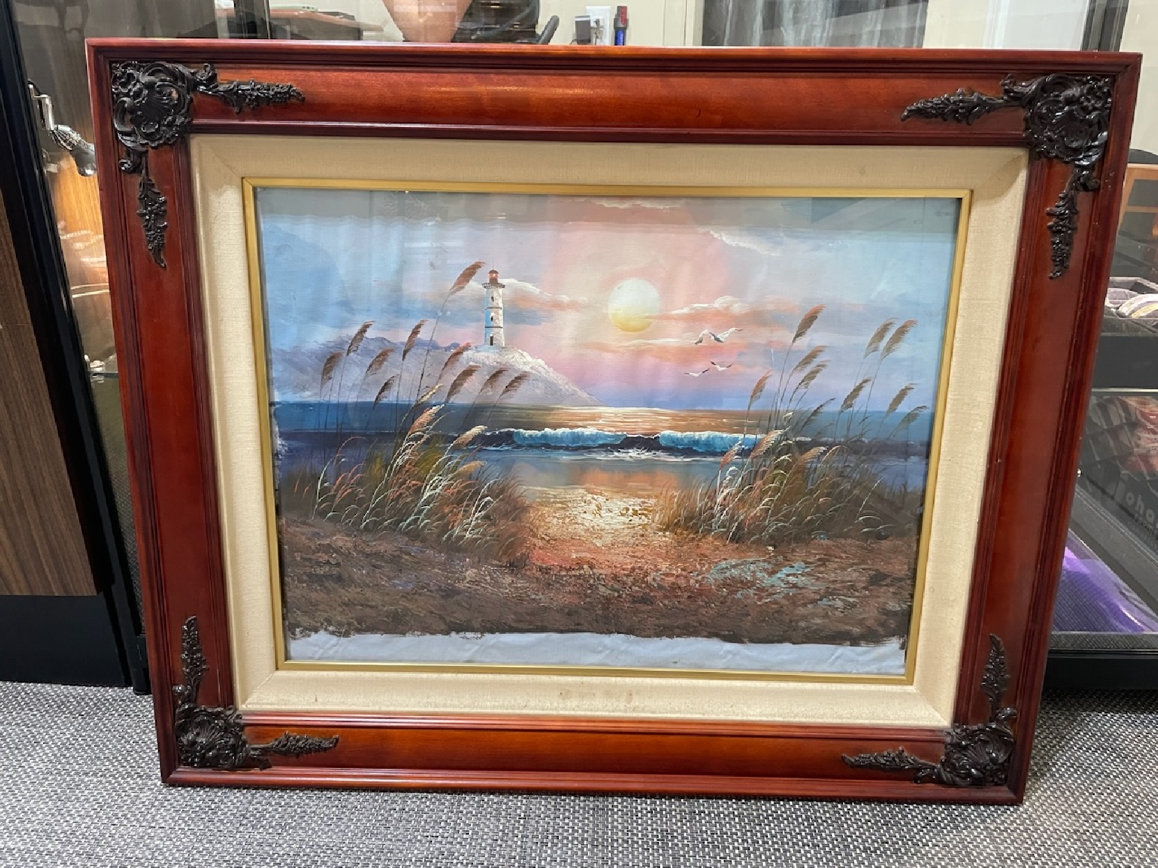 Oil Painting Of Beach and Lighthouse at Sunset in Wooden Frame