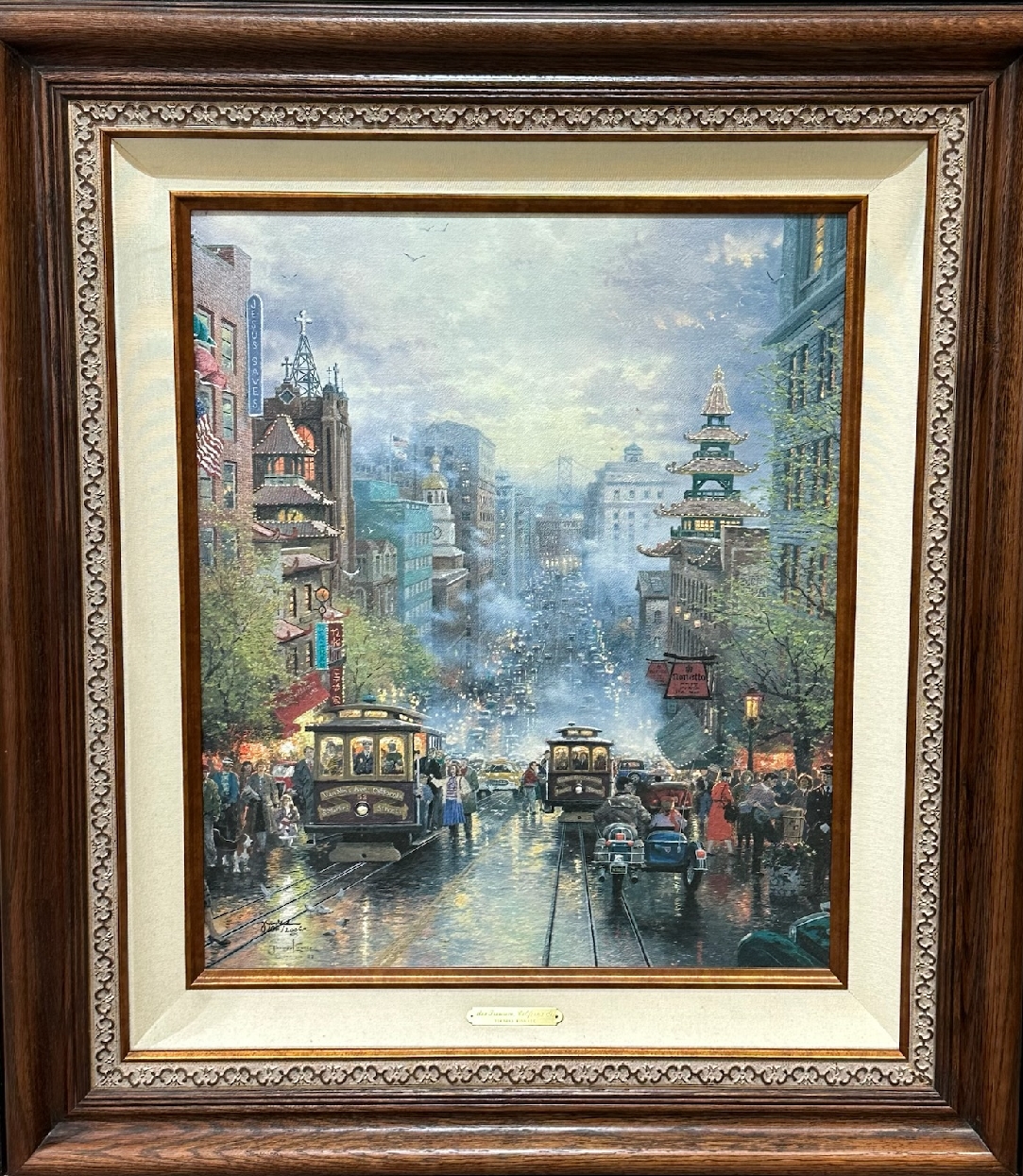 Framed   31.5 x 36in   Limited Edition Thomas Kinkade Lithograph of San Francisco   A View Down California Street From Nob Hill   

Certificate of Limitation and Authenticity 
Thomas Kinkade Master Apprentice Hand-Hilighted Certification
Collectors Fact Sheet 