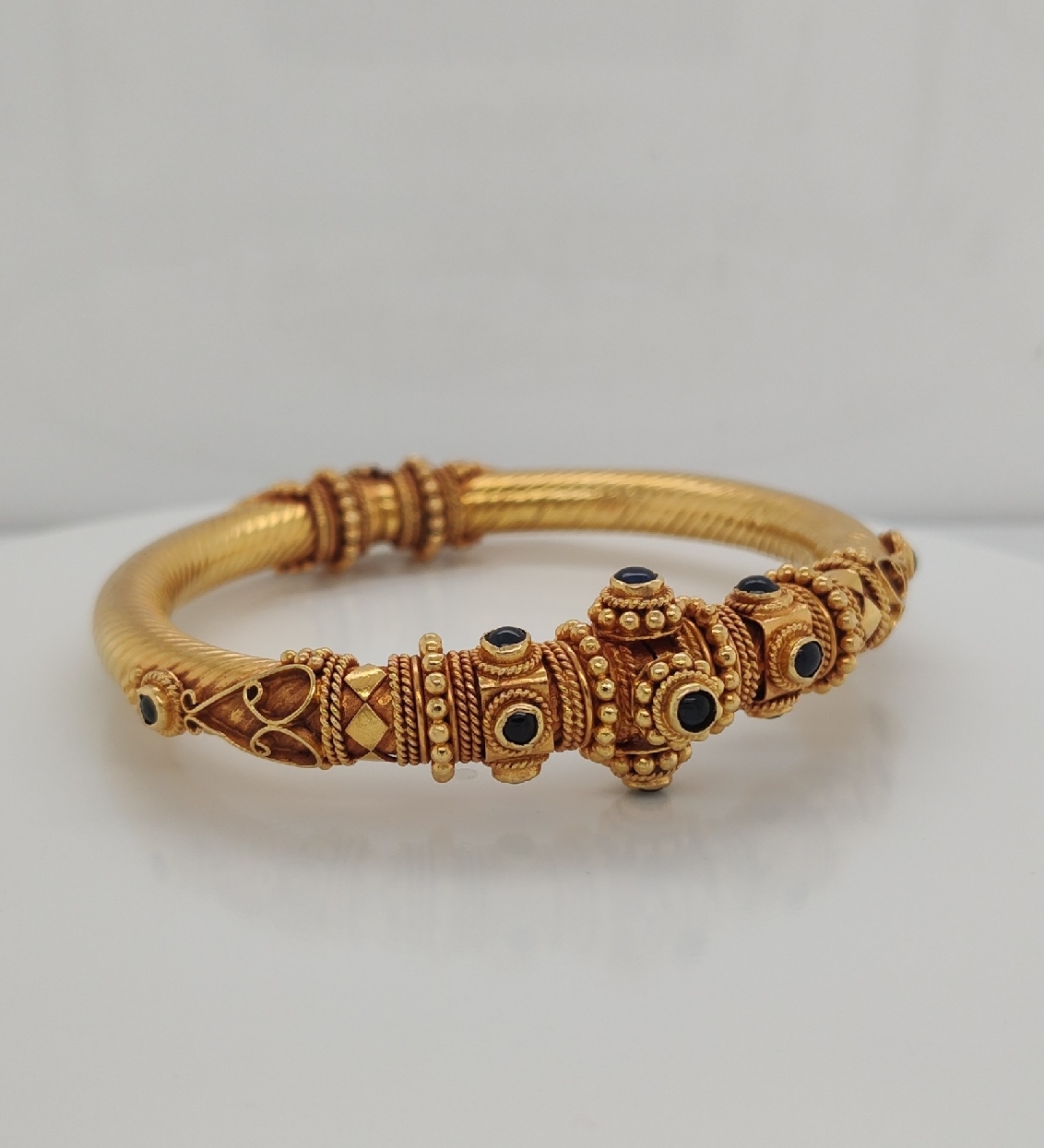 18K Yellow Gold Indian Bangle with Cabachon Cut Sapphires