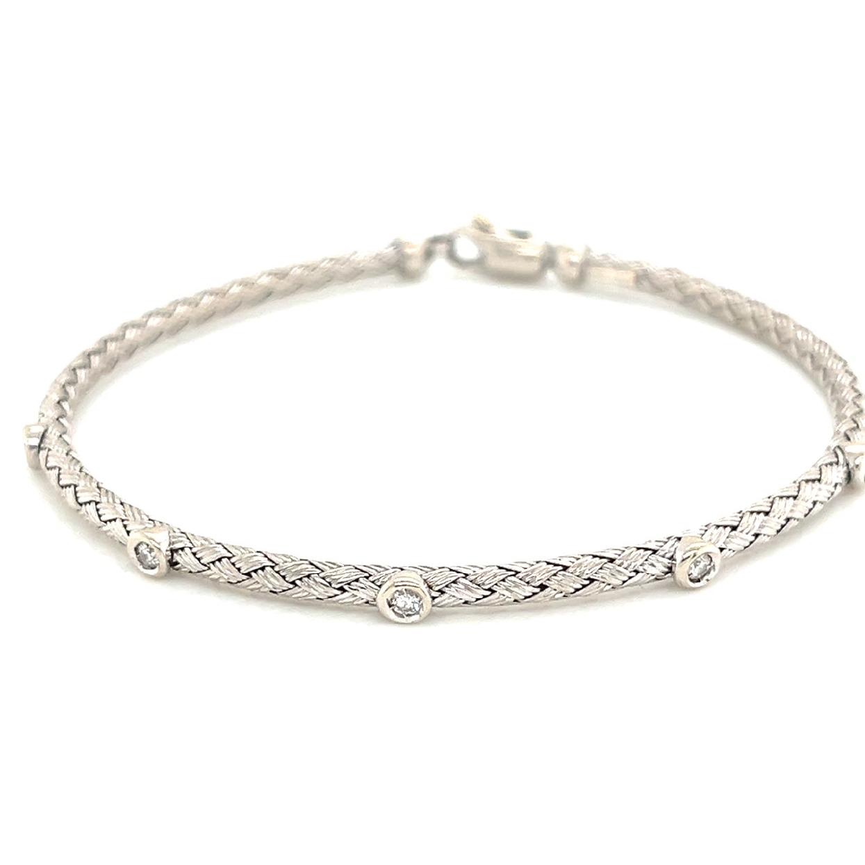 14K White Gold Cable Bracelet with Bezel Set Diamonds 