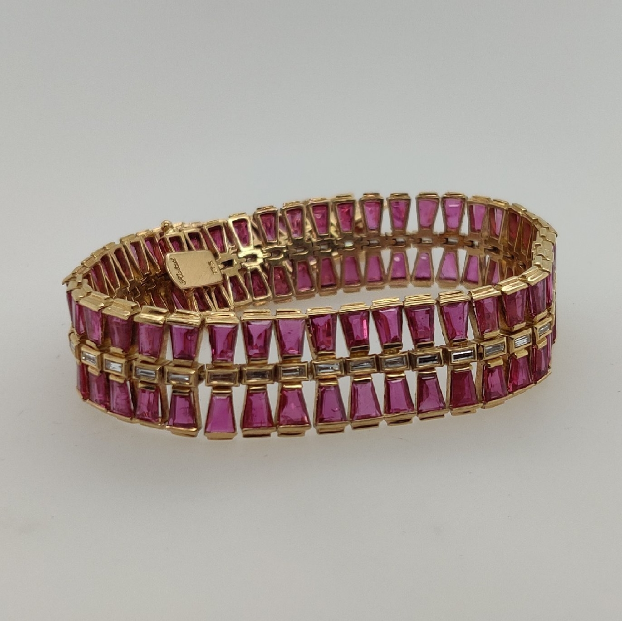 18k Yellow Gold Link Bracelet with 2 Rows of Ruby Baguettes and 1 Row of Diamond Baguettes 7 Inches 16.8 CTTW Rubbies