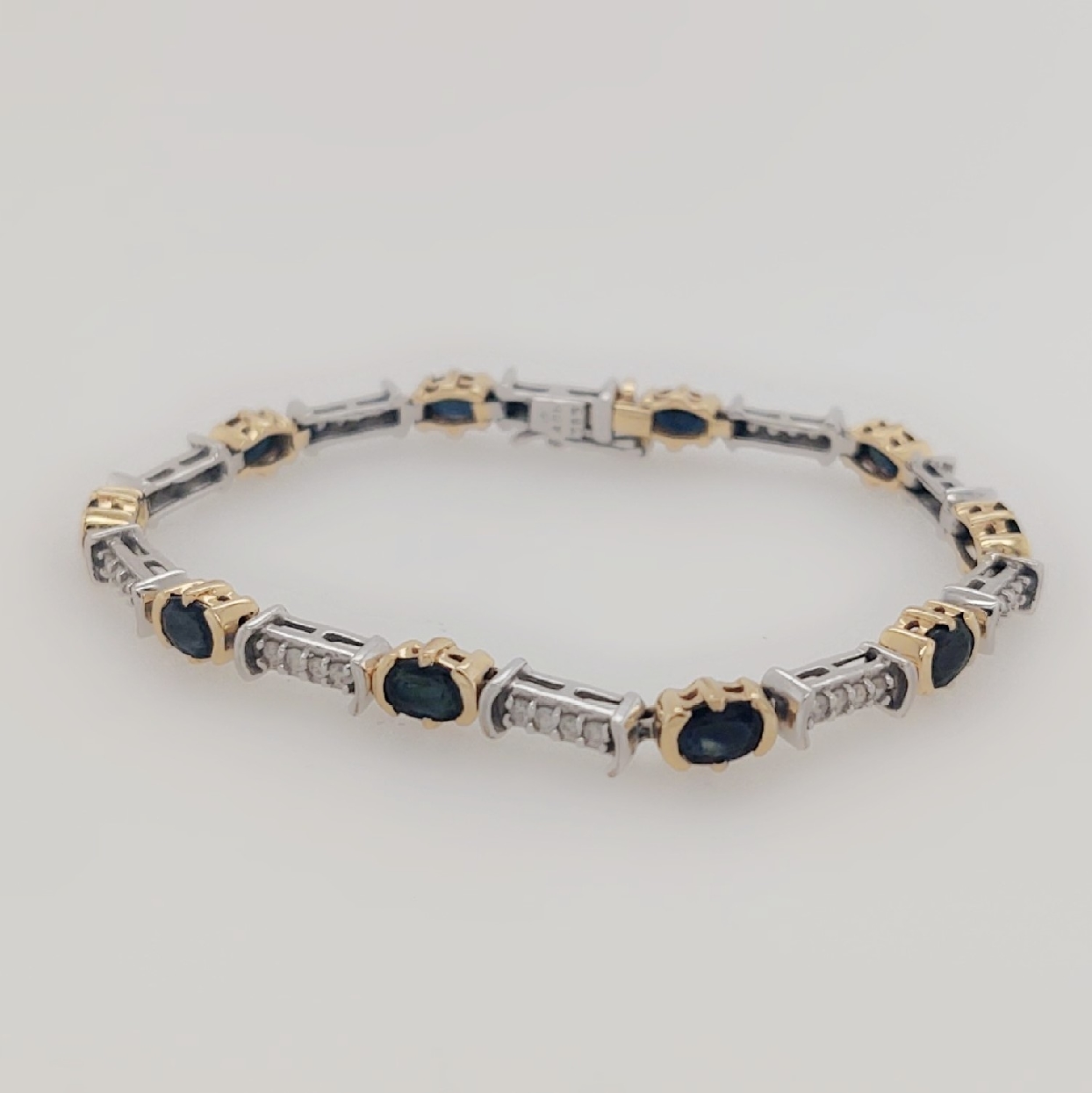 14K Two Tone Sapphire and Diamond Bracelet 7 Inches