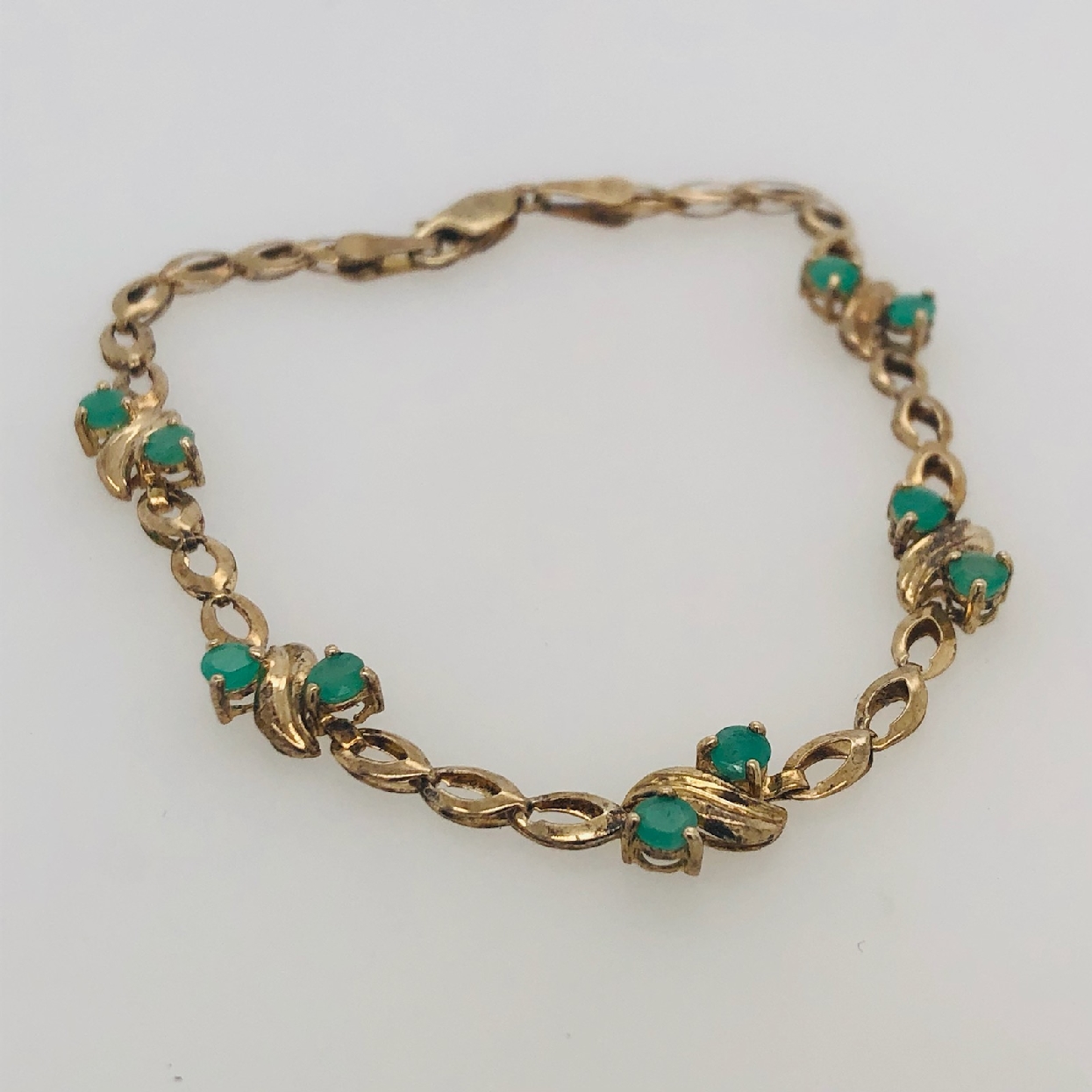 14K Yellow Gold Open Oval Link Round Emerald Bracelet 7 Inches