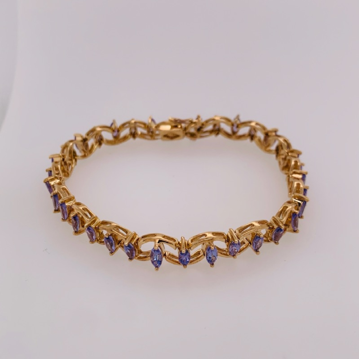 14K Yellow Gold Wave Link Bracelet with Marquise Shaped Tanzanite 7 Inches