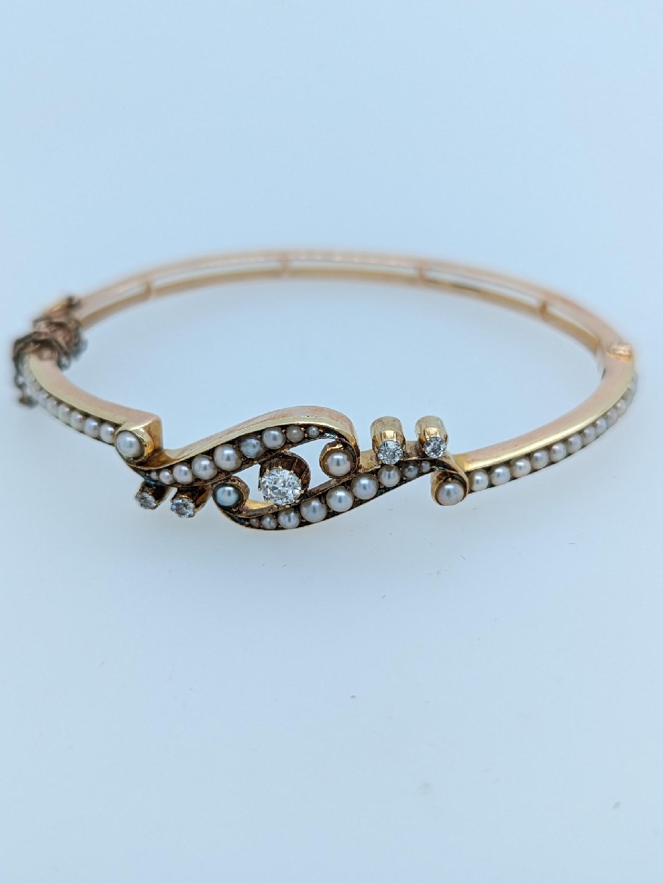 14K Yellow Gold Victorian Bypass Bangle with Rose Cut Diamonds and Seed Pearls