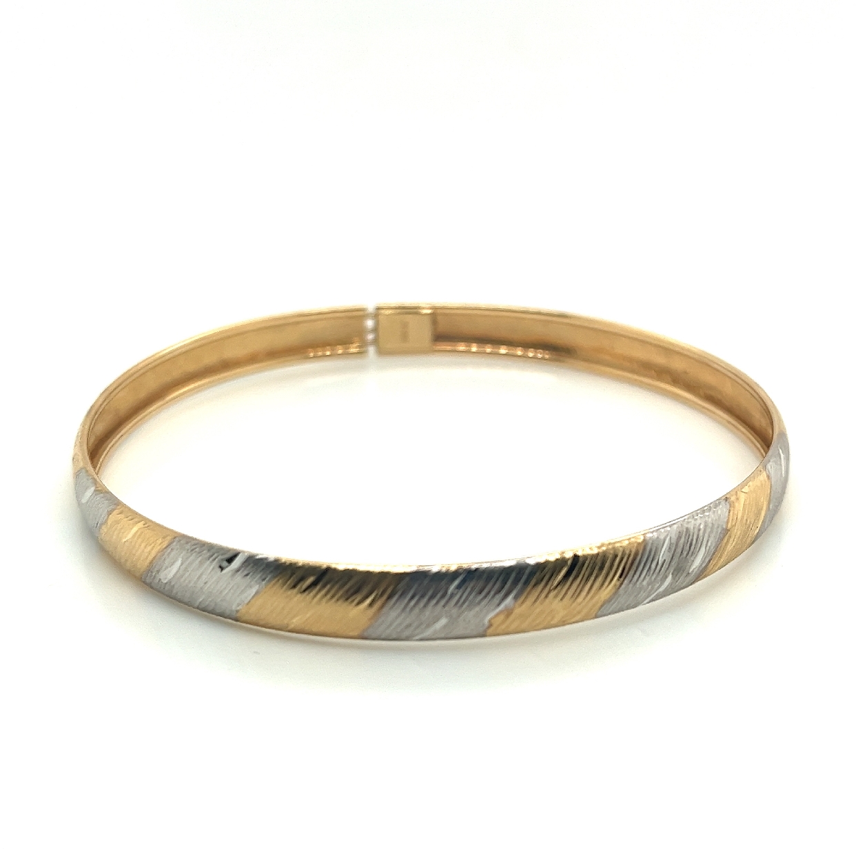 10K Two Toned White and Yellow Gold Tension Bangle with Safety Clasp 

Fits Standard 7-8 Inch Wrist Size