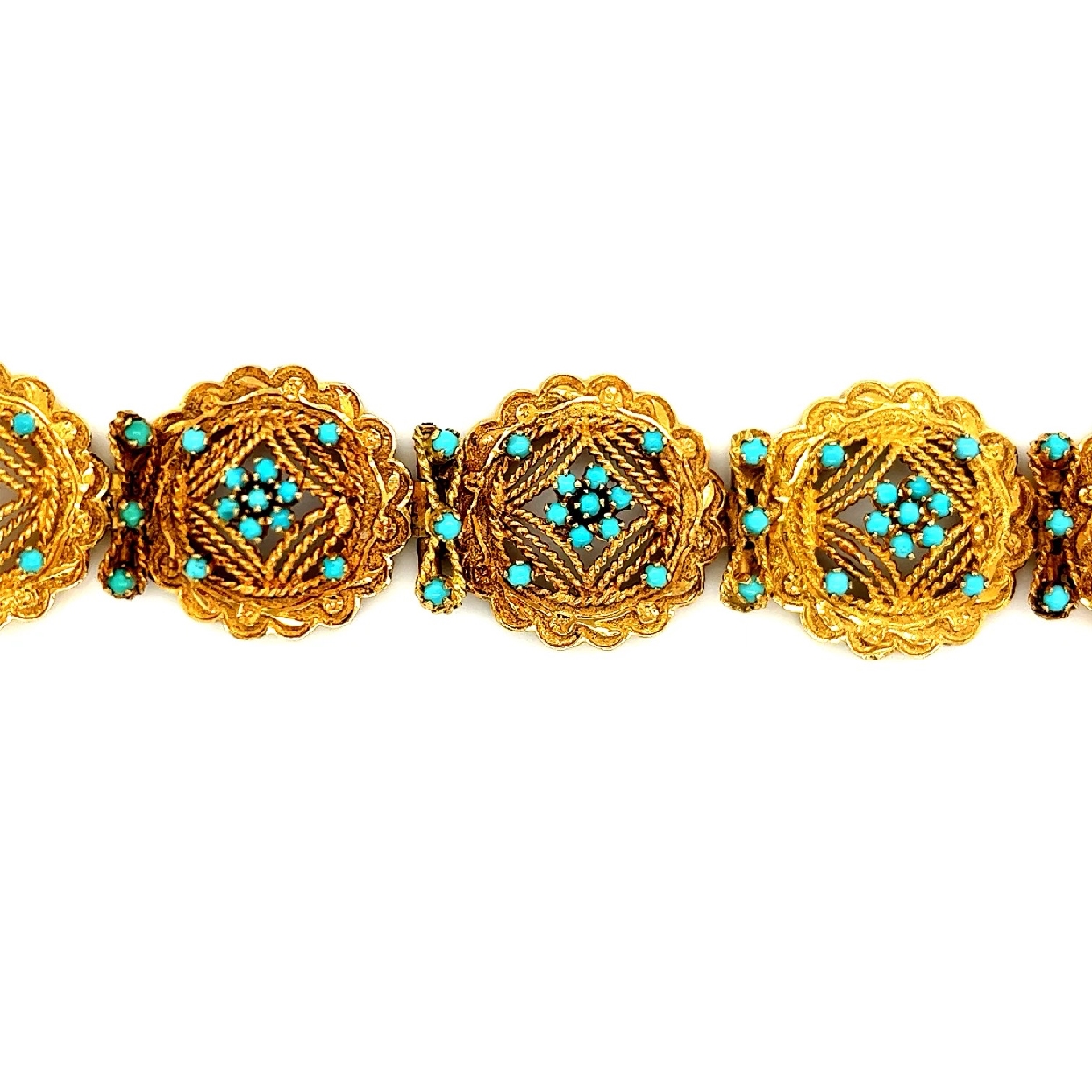 18K Yellow Gold Cast Turquoise Bracelet with a Bright Finsih

98 Rose Cabochon Cut Natural Turquoise 3.92ct