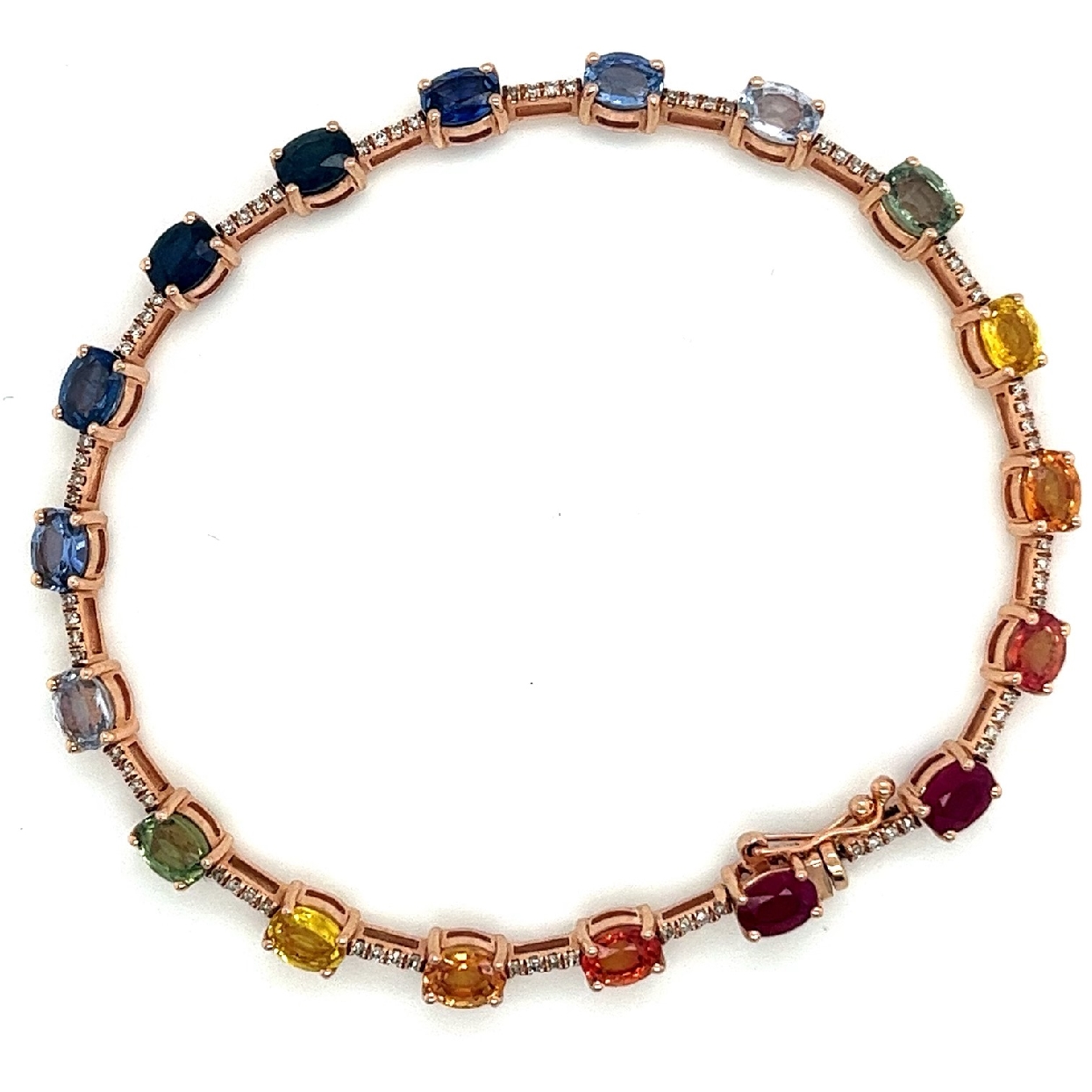 14K Rose Gold Rainbow Sapphire and Diamond Bracelet 
7 Inches 