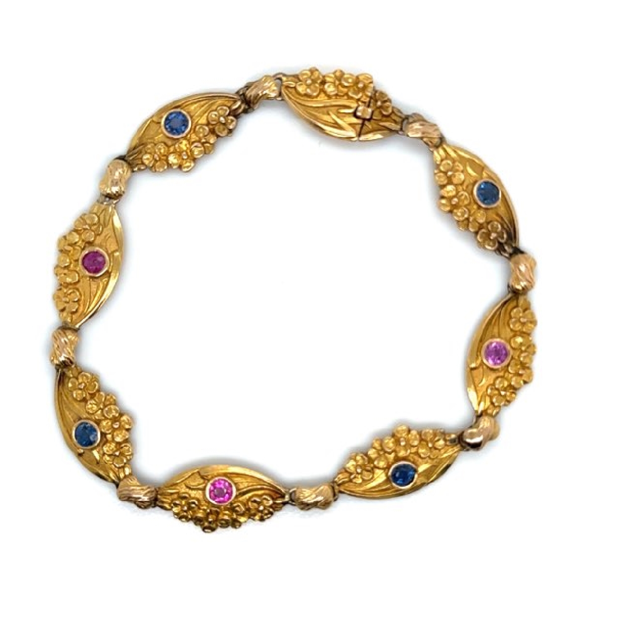 14K Yellow Gold Art Nouveau Yogo Gulch Montana and Burmese Sapphire Bracelet 8.5 Inches 