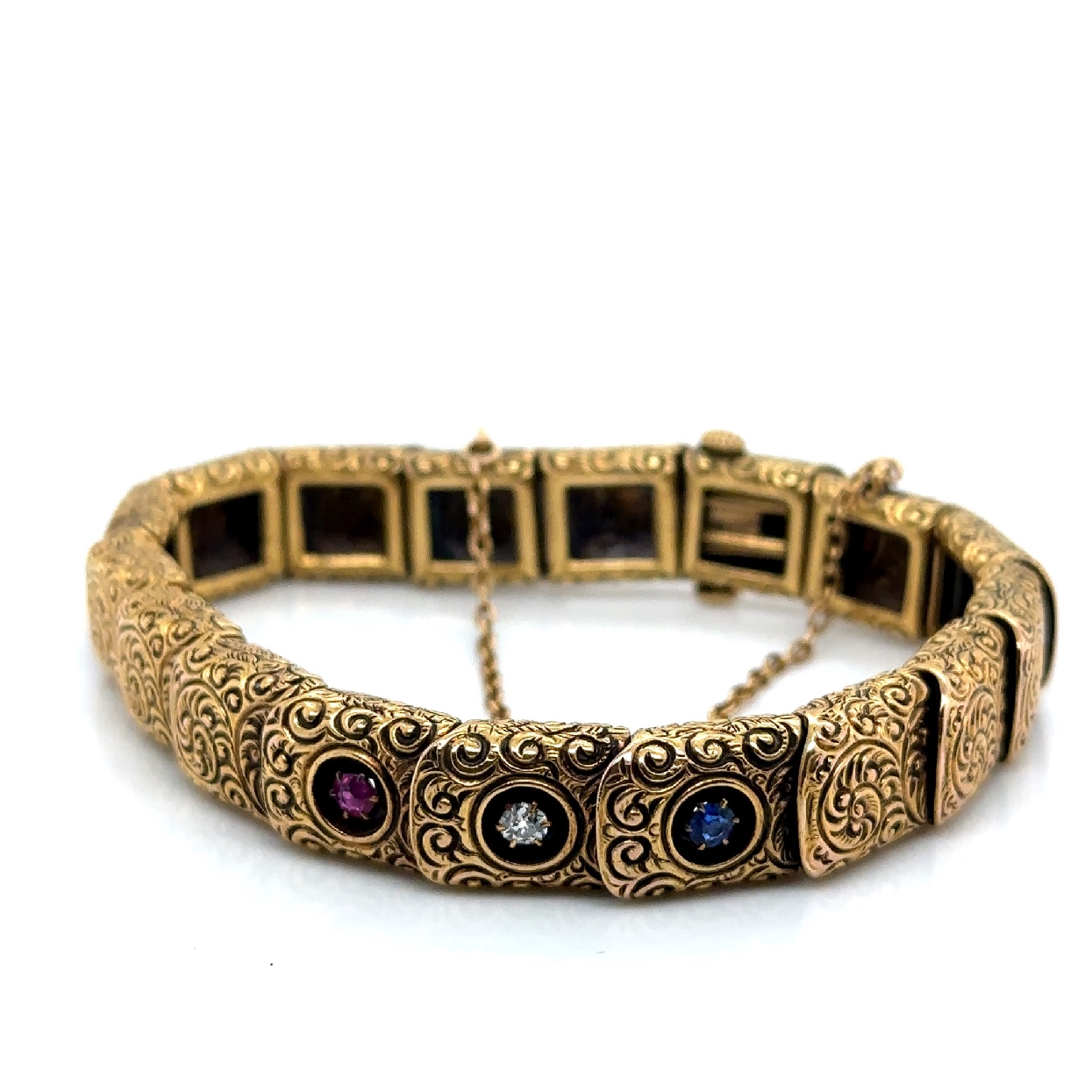 Antique 14K Yellow Gold Victorian Bracelet with Sapphire; Diamond; and Ruby 7 Inches