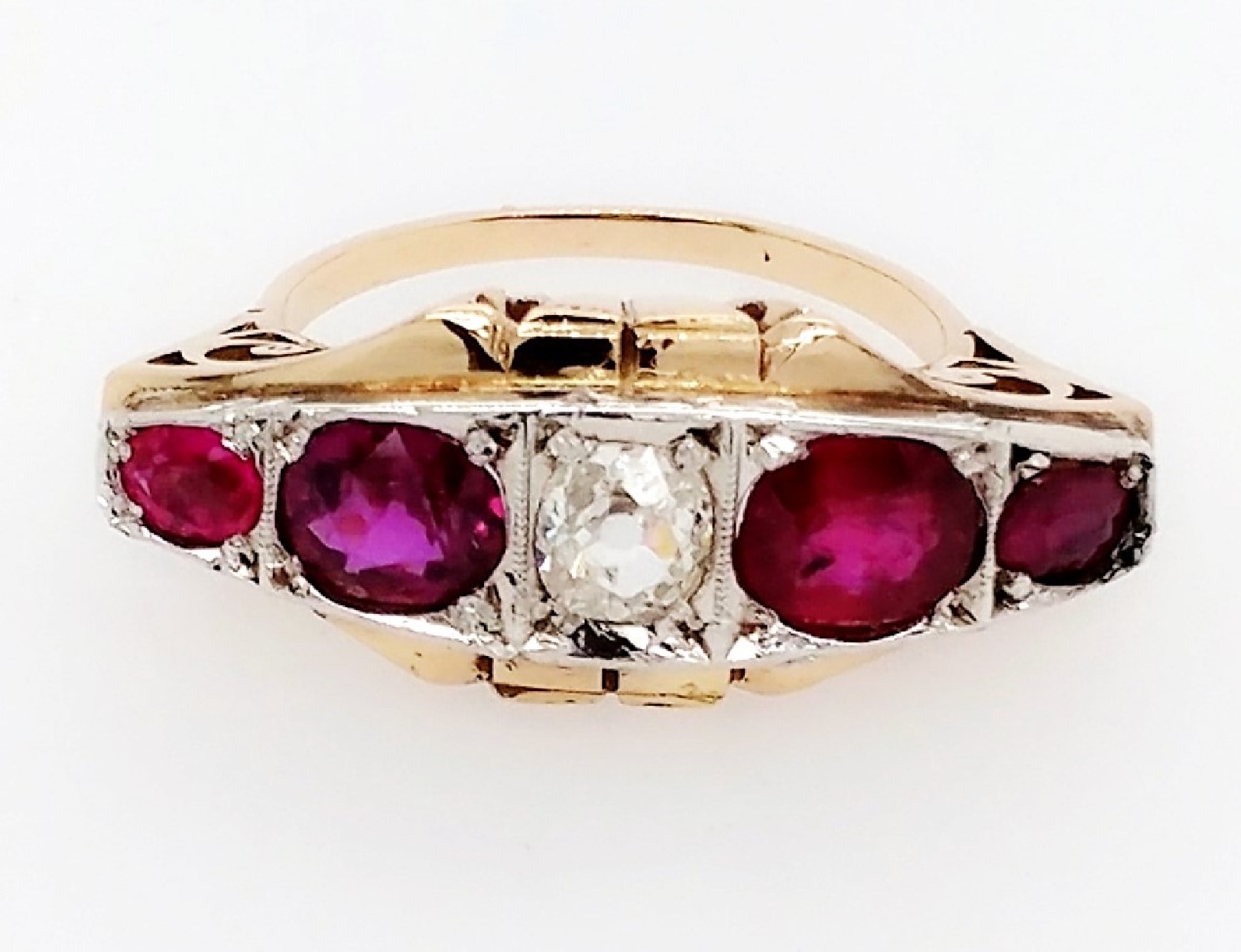 Antique 14k Two Tone Gold Ruby and Diamond Ring with Old Mine Cut Diamonds and Filigree Accents size 6.75