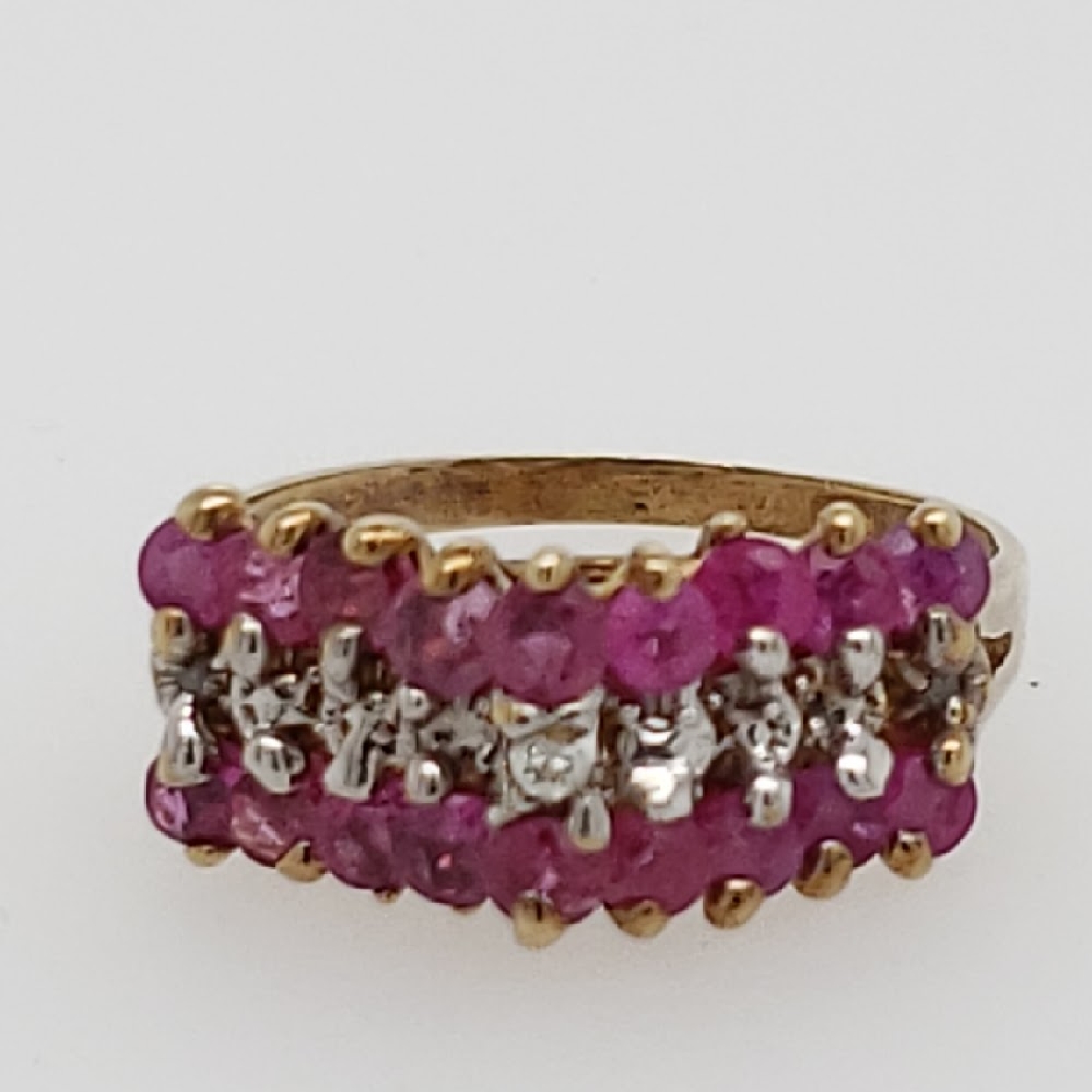 10K Yellow Gold Ring with Two Rows of Rubies and One Row of Diamonds Size 6.75
