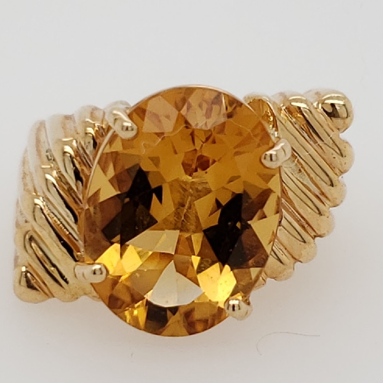 14K Yellow Gold Ring with 12x16mm Oval Citrine and Ridged Shank Size 8