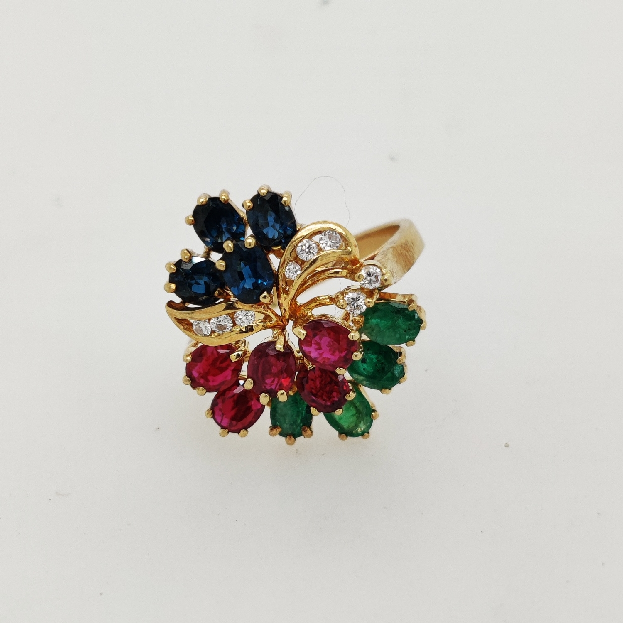 18K Yellow Gold Emerald; Ruby; Sapphire; and Diamond Cluster Cocktail Ring Size 6