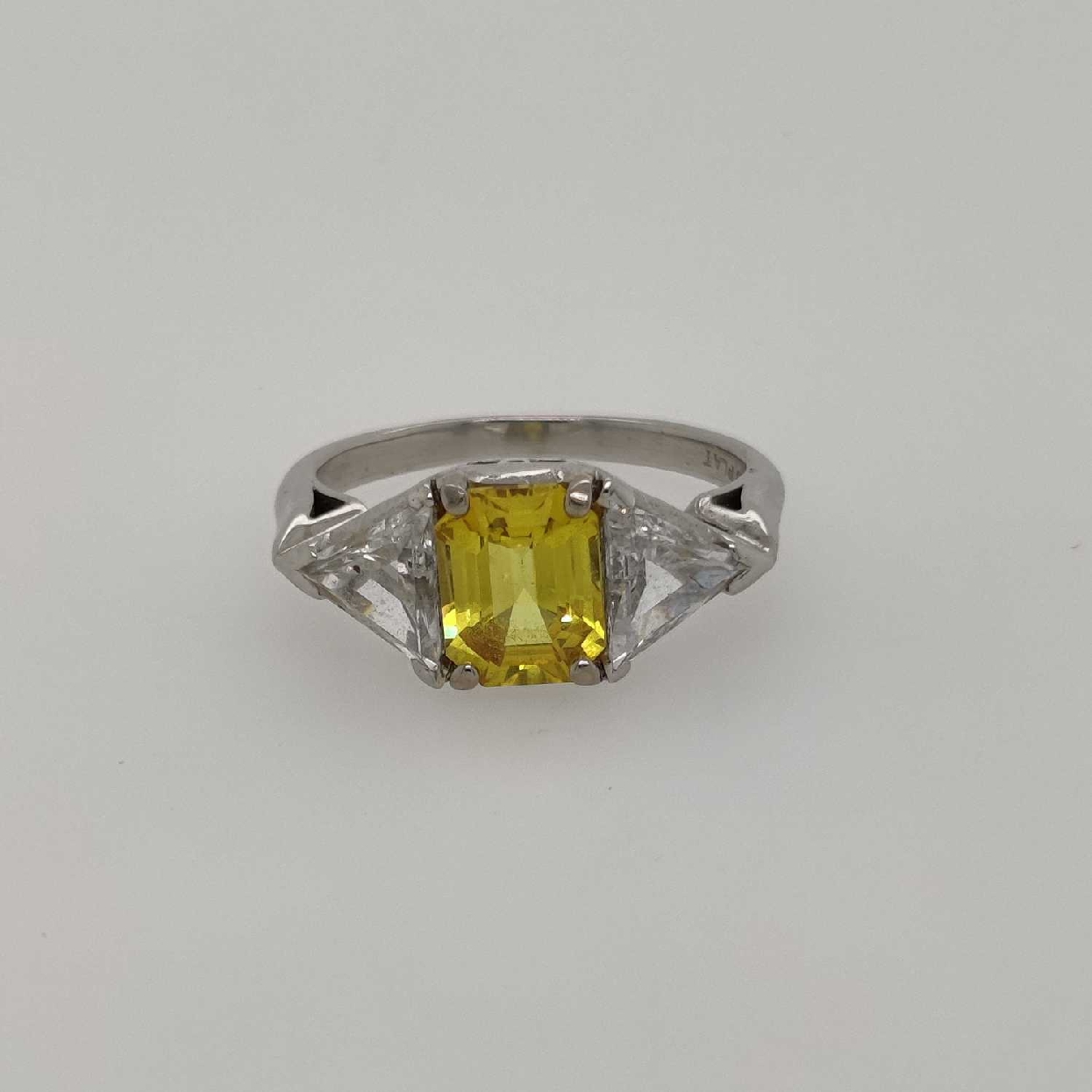 Platinum Ring with Emerald Cut Yellow Sapphire and Two Trillion Cut Diamonds Size 4.75