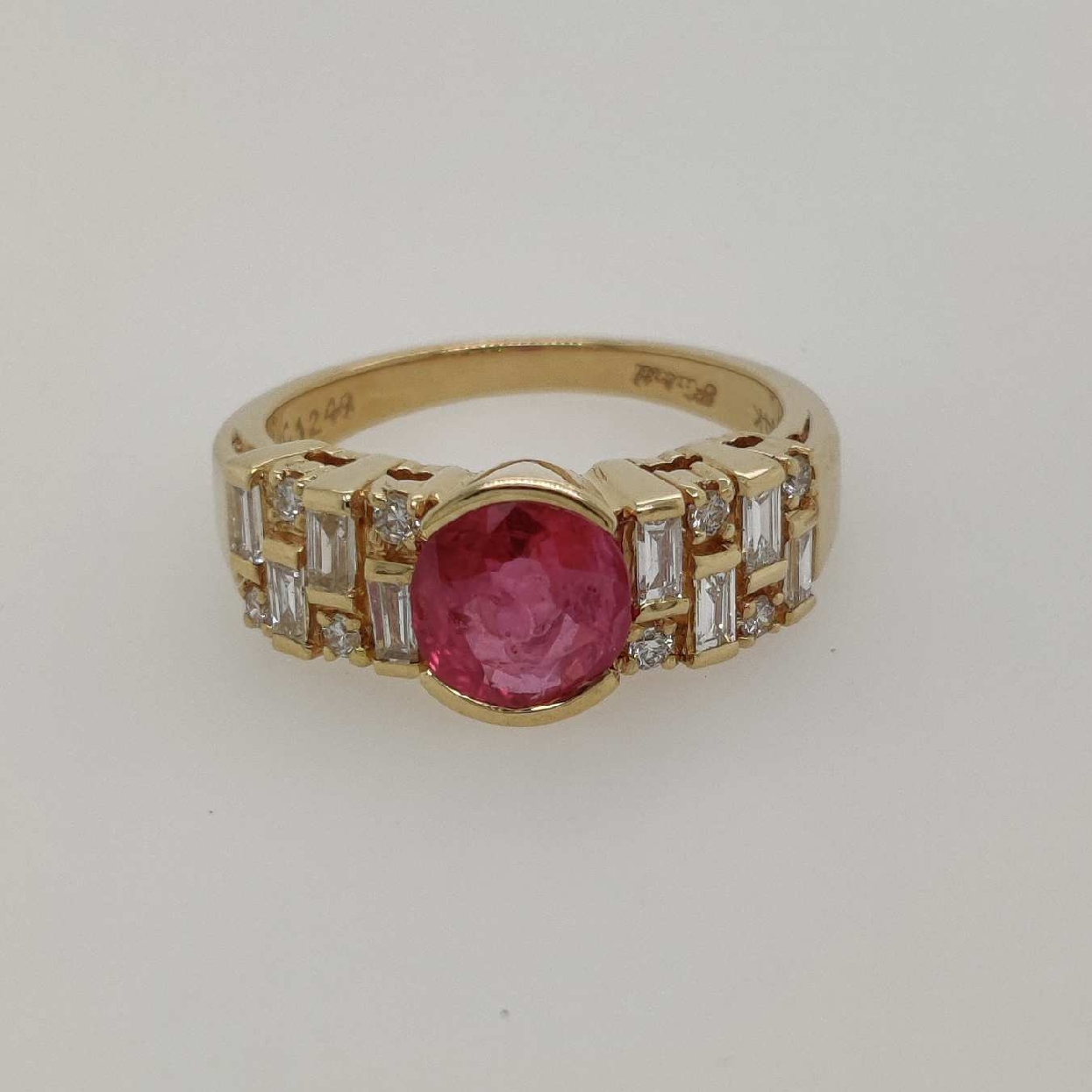 14K Yellow Gold Half Bezel Set Pink Sapphire Ring with Round and Baguette Diamond Accents Size 6.25