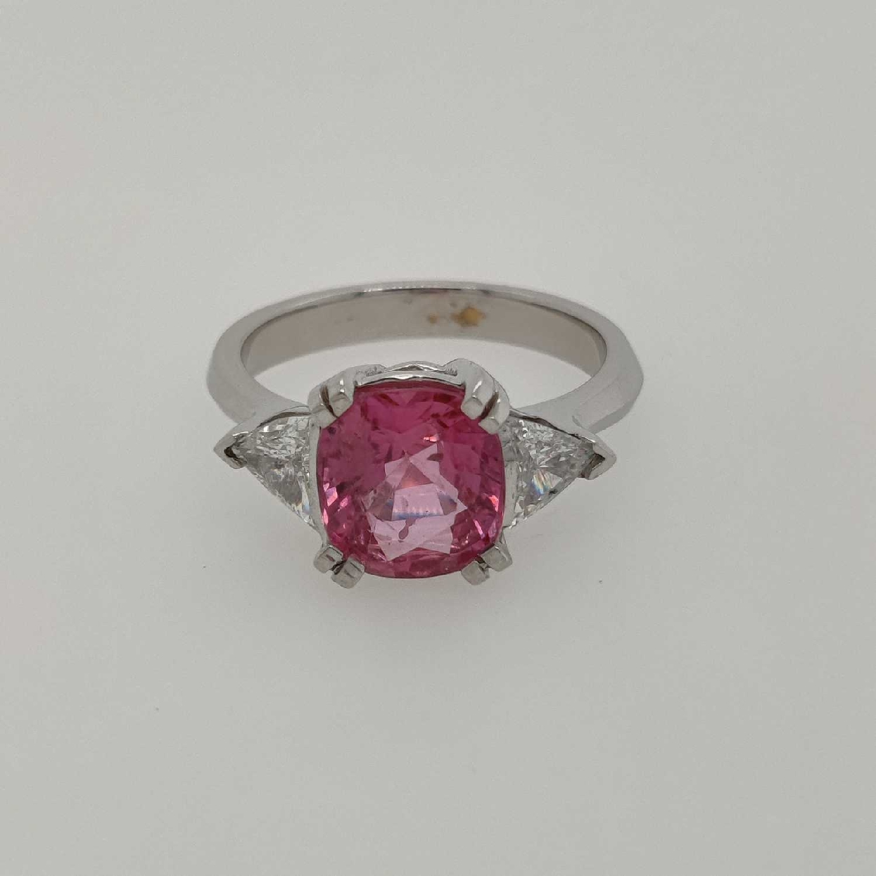 Platinum Ring with Cushion Cut Pink Sapphire and Two Trillion Cut Diamonds Size 7