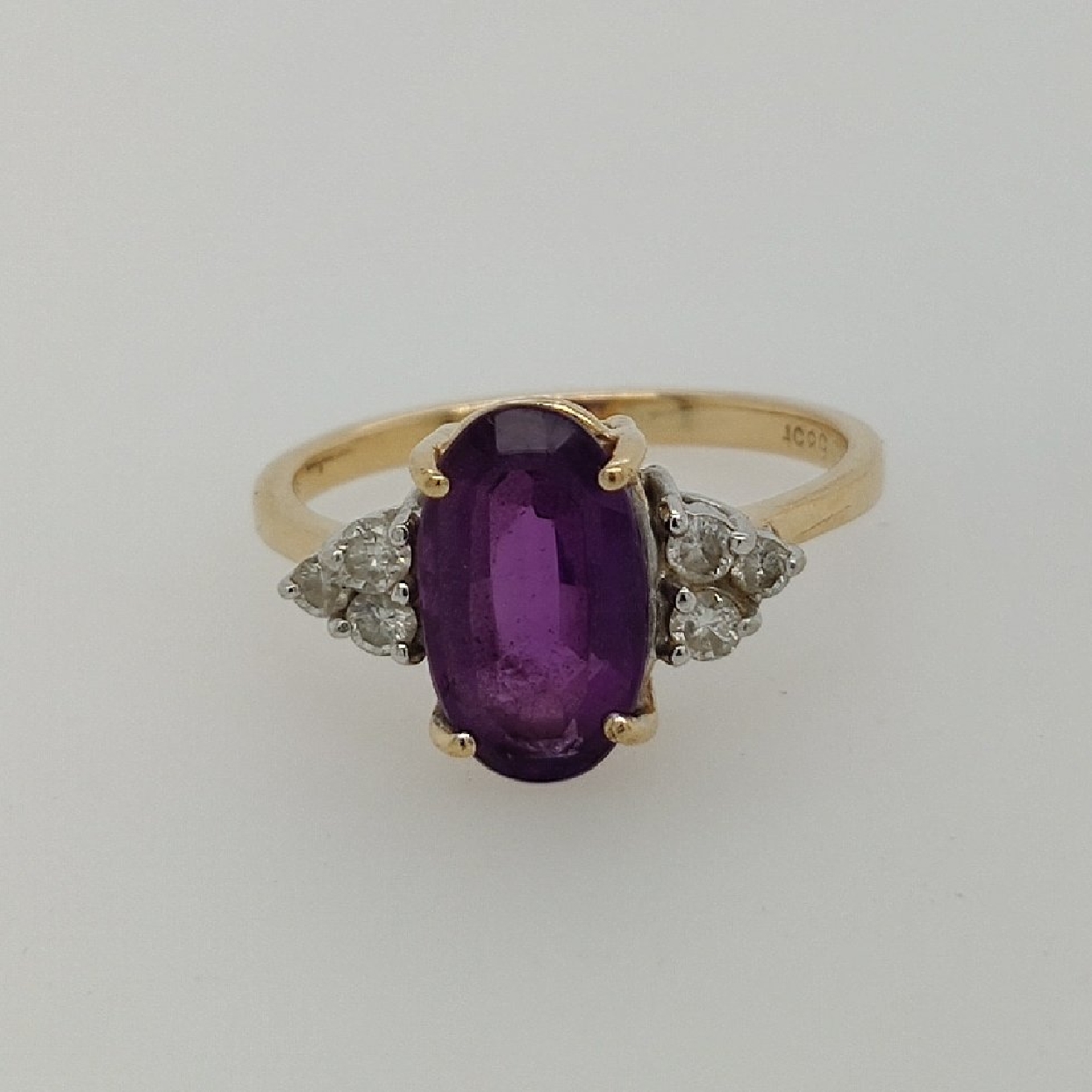 14K Yellow Gold Oval Purple Sapphire Ring with 6 Diamond Accents; Size 6.25
