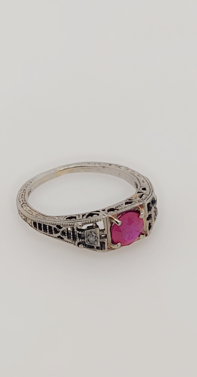 18K White Gold Ruby Ring with Filigree Circa 1910 Size 5.25