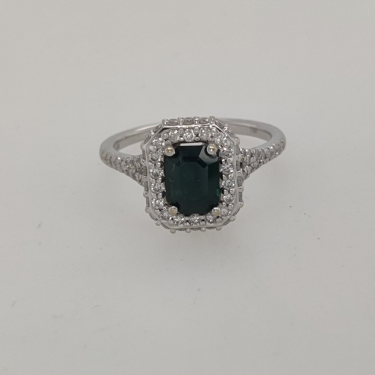18k White Gold Circa Ring with .5CT of Diamonds and 1.23CT Emerald Cut Teal Green Sapphire Made by Brilliant Earth Size 6.25