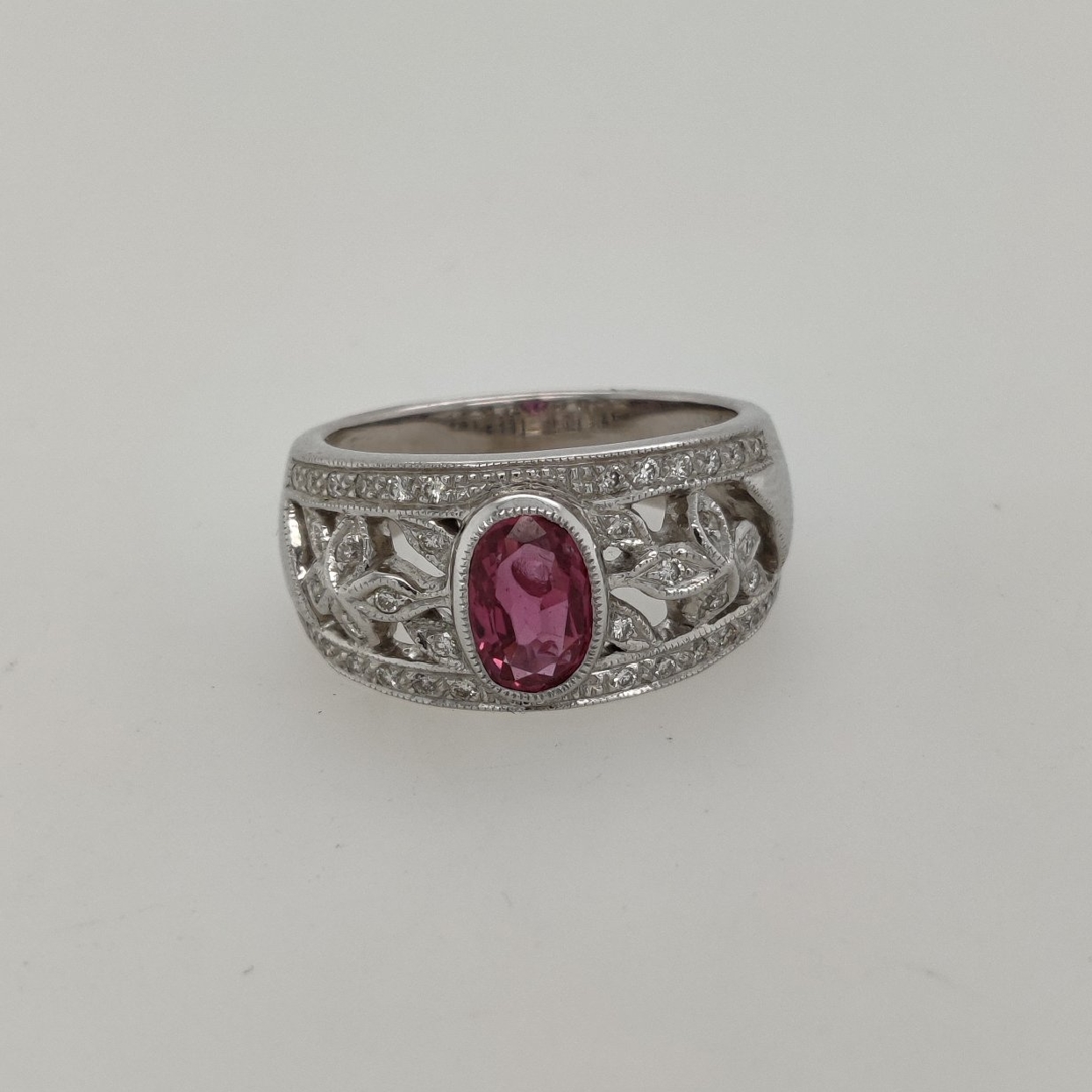 14k White Gold Band with Bezel Set Ruby and Floral Diamond Open Work Details Size 7