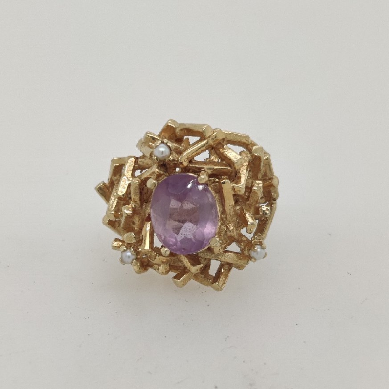 14K Yellow Gold Amythis Brutalist Cocktail Ring with Seed Pearl Accents; Size 3.5
