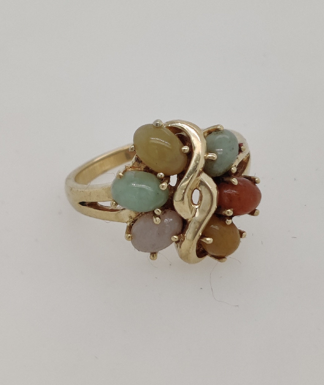 14K Yellow Gold Multi Colored Jade Cluster Ring Size 7.75