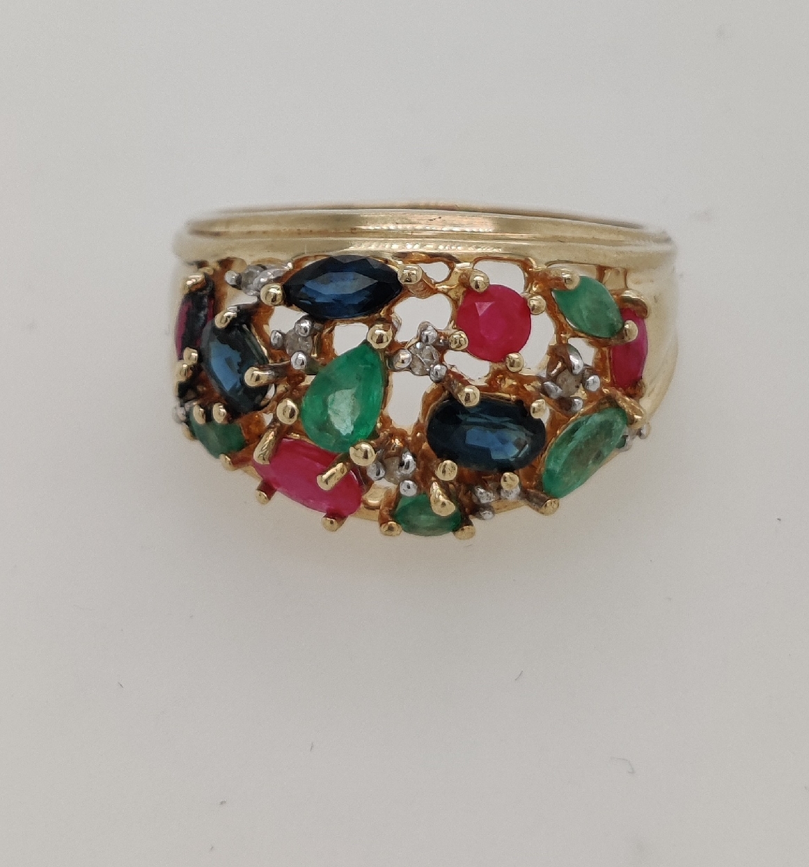14K Yellow Gold Band with Sapphire; Emerald; Ruby; and Diamond Accents Size 9