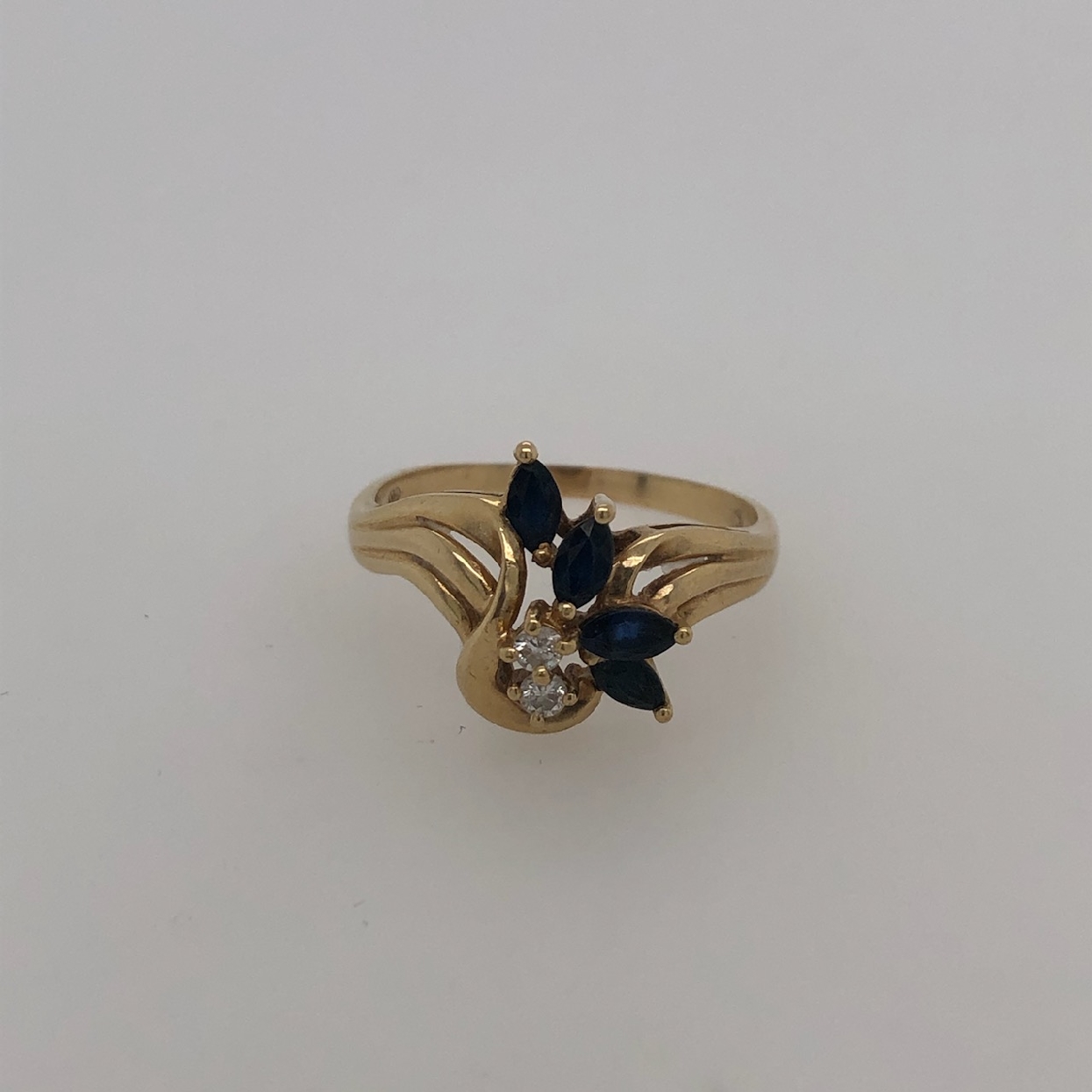 14K Yellow Gold Floral Bypass Ring with Marquise Shaped Sapphires and Diaond Accents; Size 10