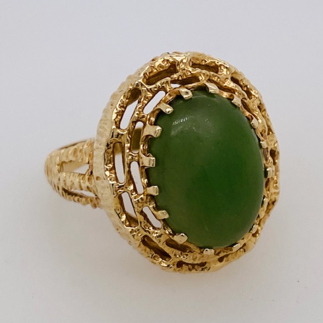14K Yellow Gold Large Oval Jade Ring with Textured Halo and Detail Size 8