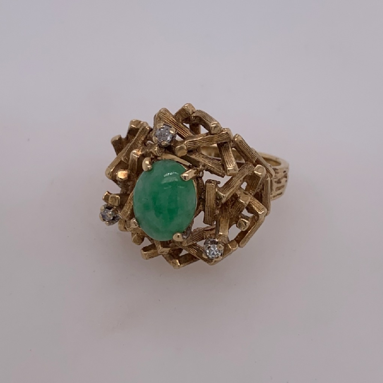 14K Yellow Gold Nest/Bamboo Style Ring with Oval Jade and Small Diamond Accents 

Size 6