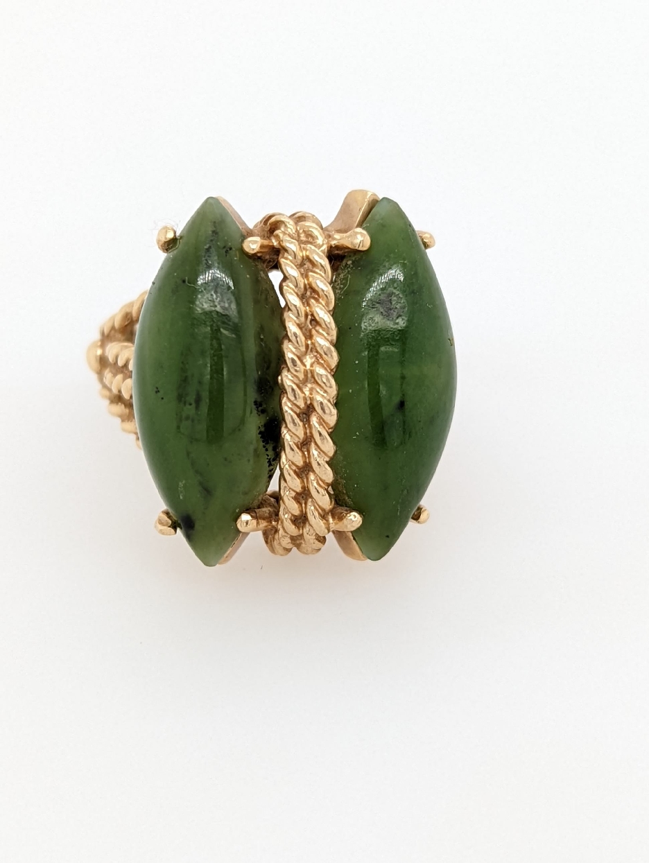 14K Yellow Gold Ring with Two Cabachon Cut Marquise Shaped Jade Stones and Rope Detailing; Size 8.5