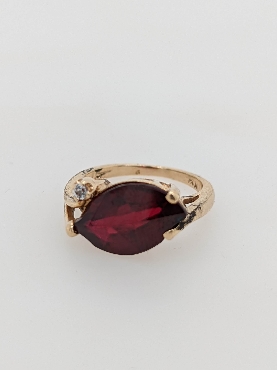 10K Yellow Gold Ring with Leaf Cut Garnet and Diamond Accent; Size 5.5