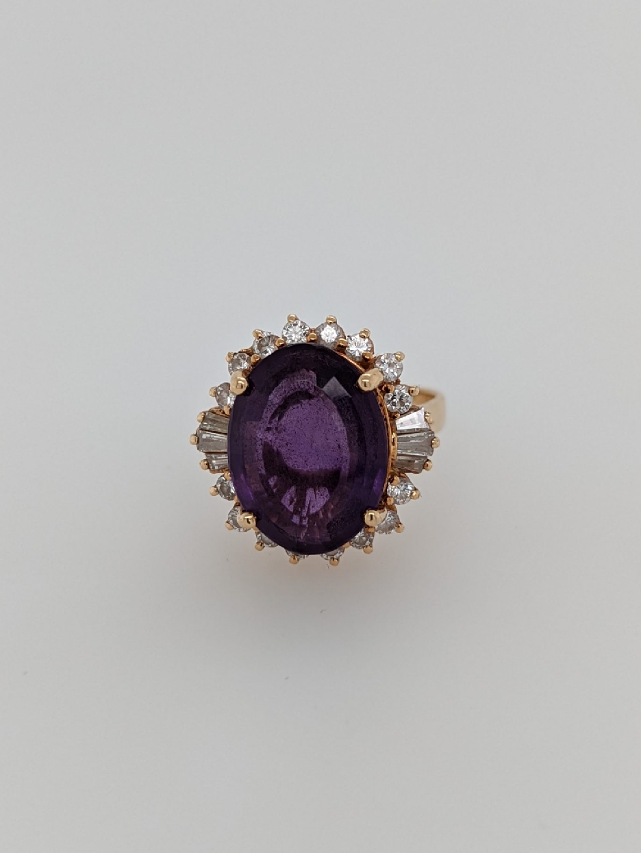 14K Yellow Gold Oval Amethyst Ring with Round and Baguette Diamond Halo; Size 7