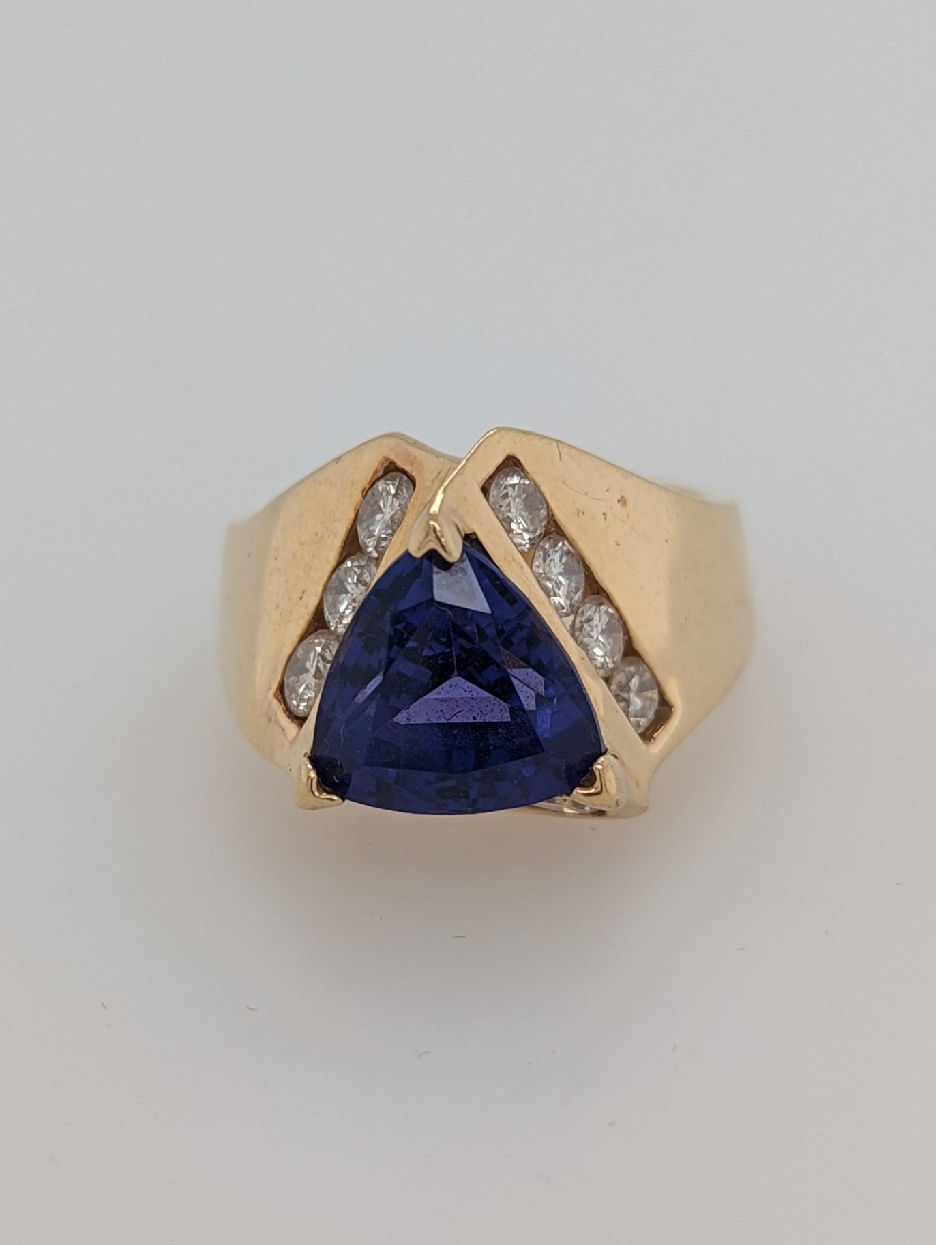 14K Yellow Gold Ring with Trillion Cut Tanzanite and Channel Set Diamonds; Size 7.75