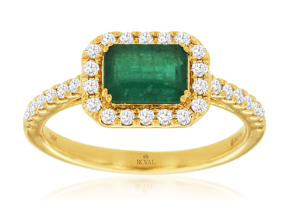 14K Yellow Gold Emerald Cut Emerald Ring with Diamond Halo; Size 7
Emerald weighs 1.0CT
Diamonds weigh 0.33CTTW