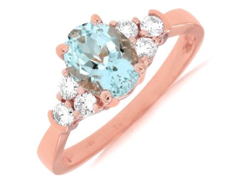 14K Rose Gold Oval Aquamarine Ring with Diamond Accents; Size 7
Aquamarine weighs 1.10CT
Diamonds weigh 0.32CTTW