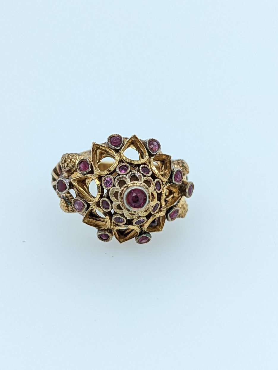 14K Yellow Gold Intricate Domed Princess Ring with Bezel Set Rubies; Size 5.75