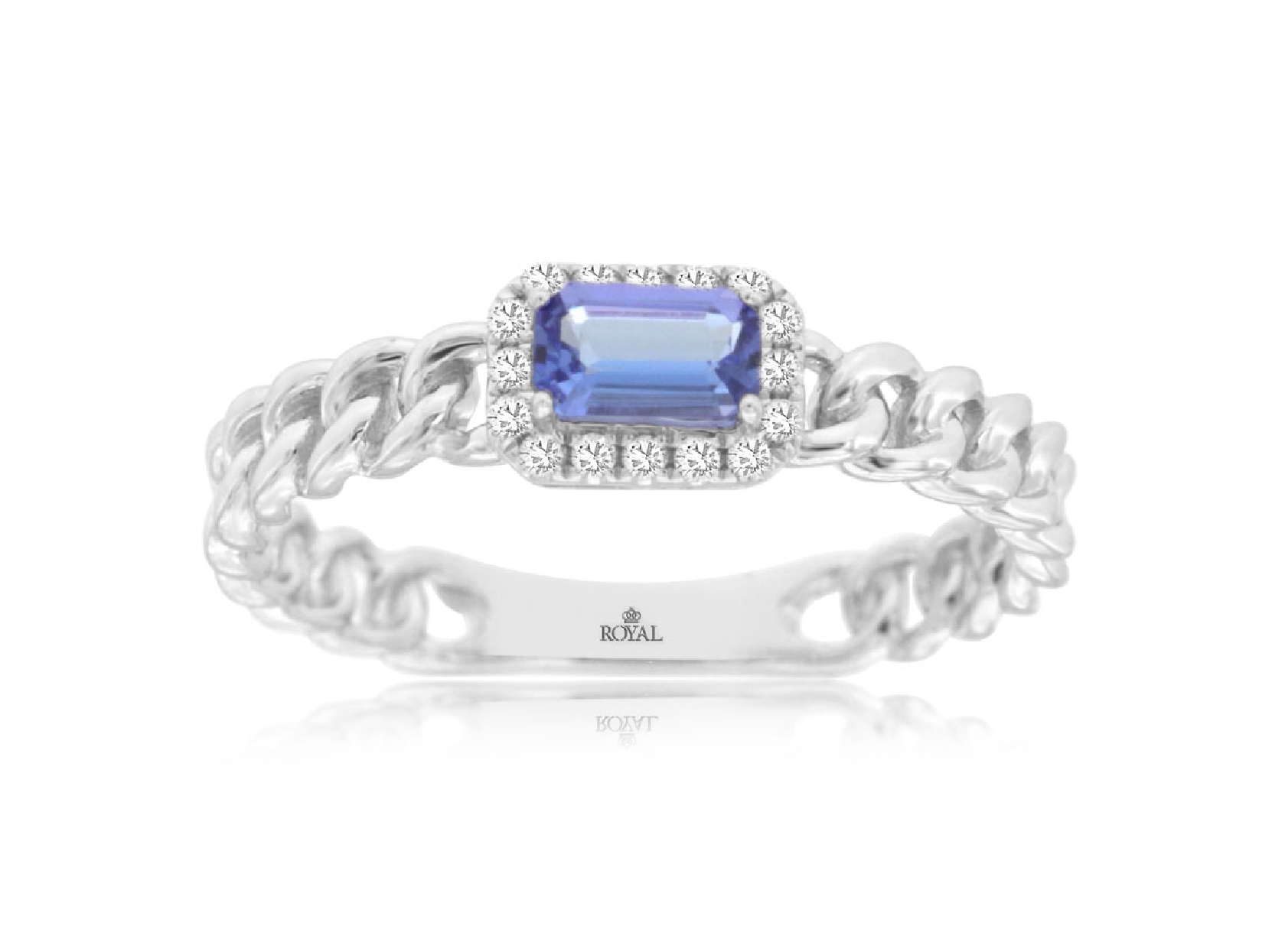 14K White Gold Emerald Cut Tanzanite Ring With Diamond Halo and Chain Link Shank; Size 7
0.32CTTW Tanzanite
0.07CTTW Diamonds