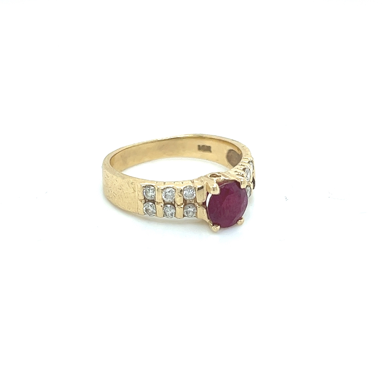 14K Round Ruby Ring with Two Rows of Diamond Accents

Size 5.75
 