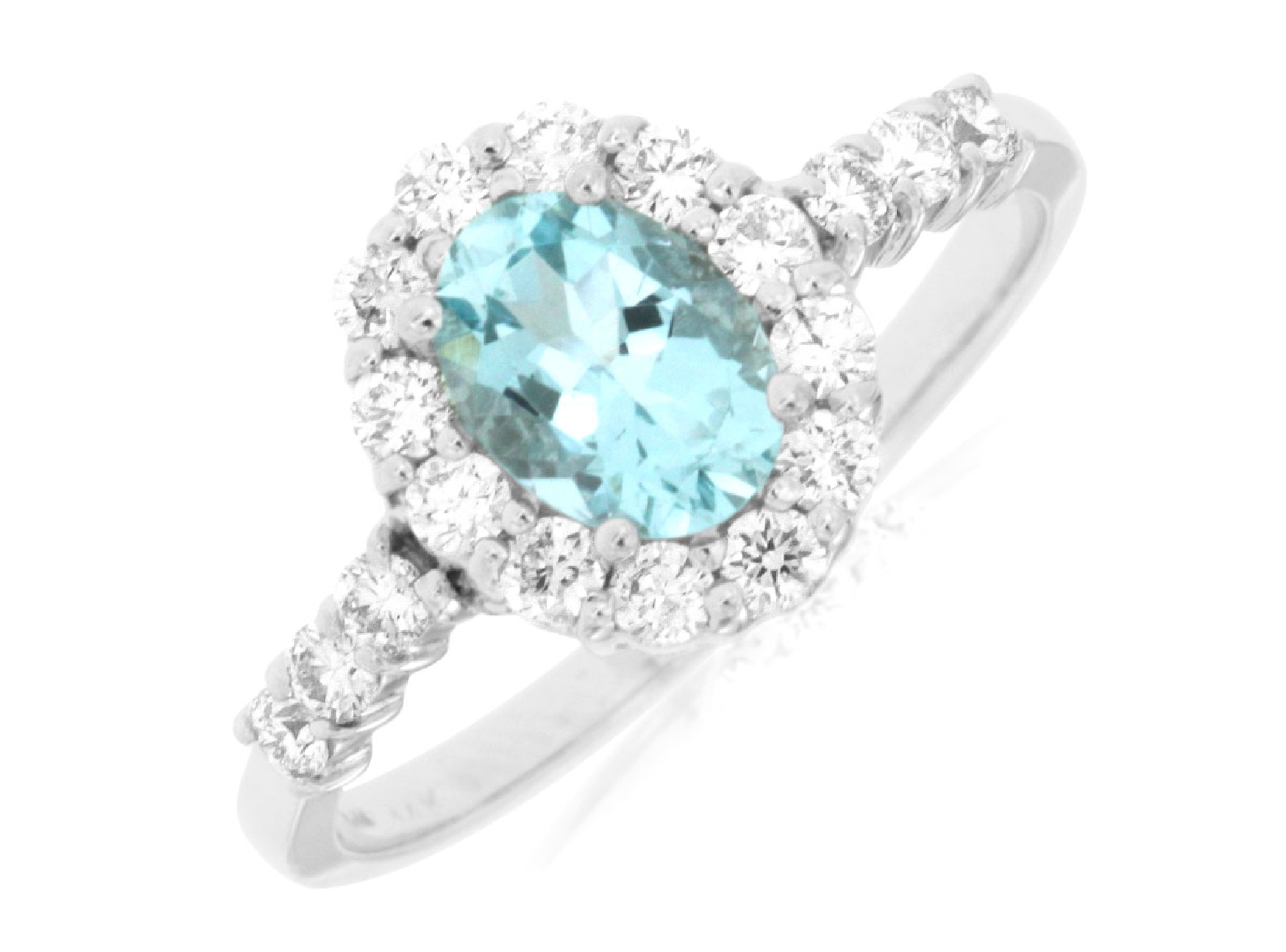 14K White Gold Oval Aquamarine Ring with Diamond Halo and Diamond Accents on the Band

Size 6.5
0.65cttw Aquamarine
0.47cttw Diamonds