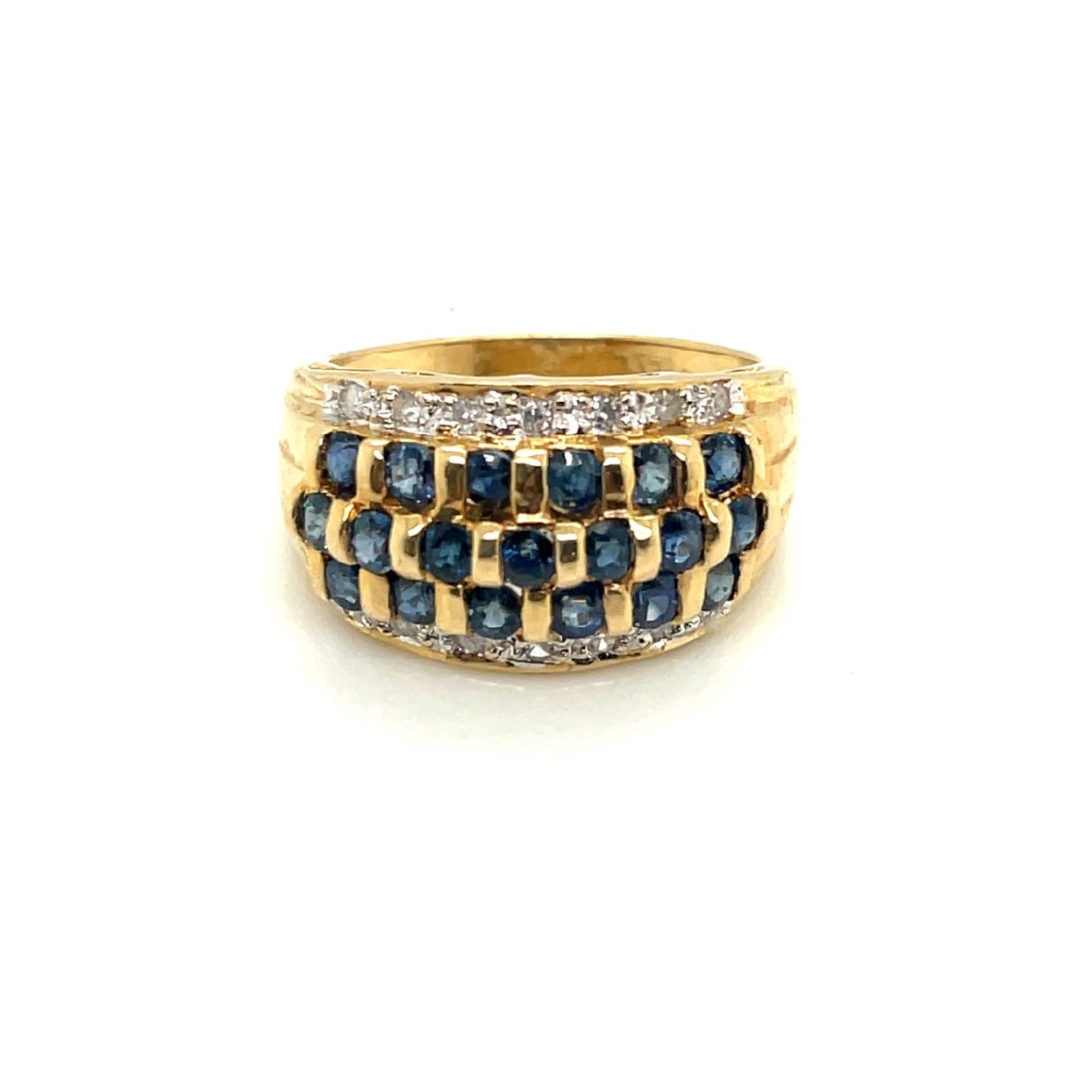 14K Yellow Gold Band with Three Rows of Round Sapphires; FLanked by One Row of Diamonds on Each Side

Size 6.75