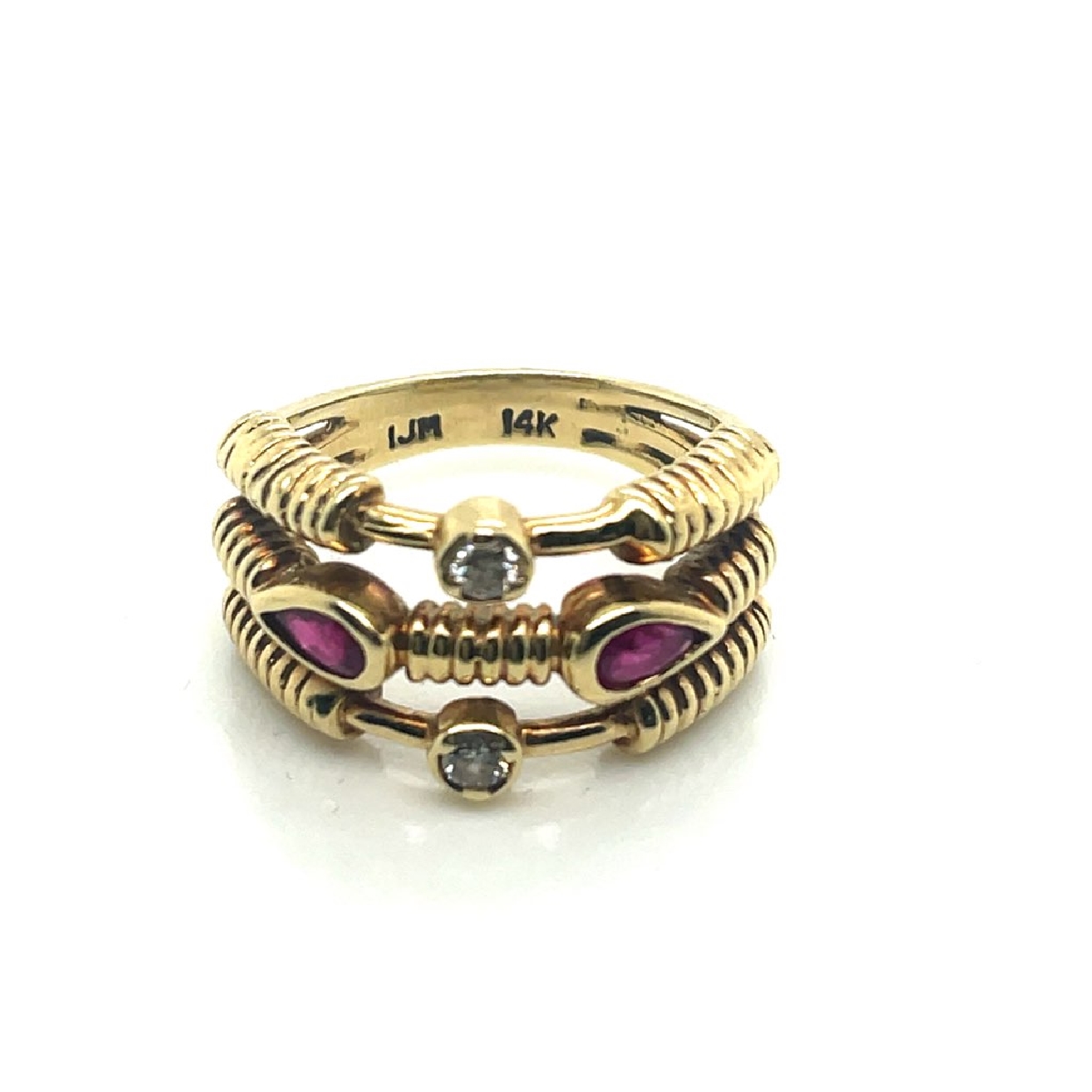 14K Yellow Gold Ring with Pear Shaped Rubies; Diamonds; and Coil Design Size 6.5