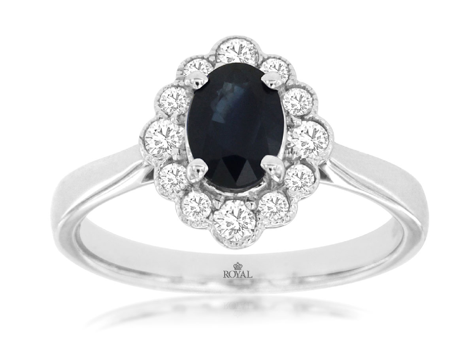 14K White Gold Sapphire Ring with Floral Diamond Halo Size 7
