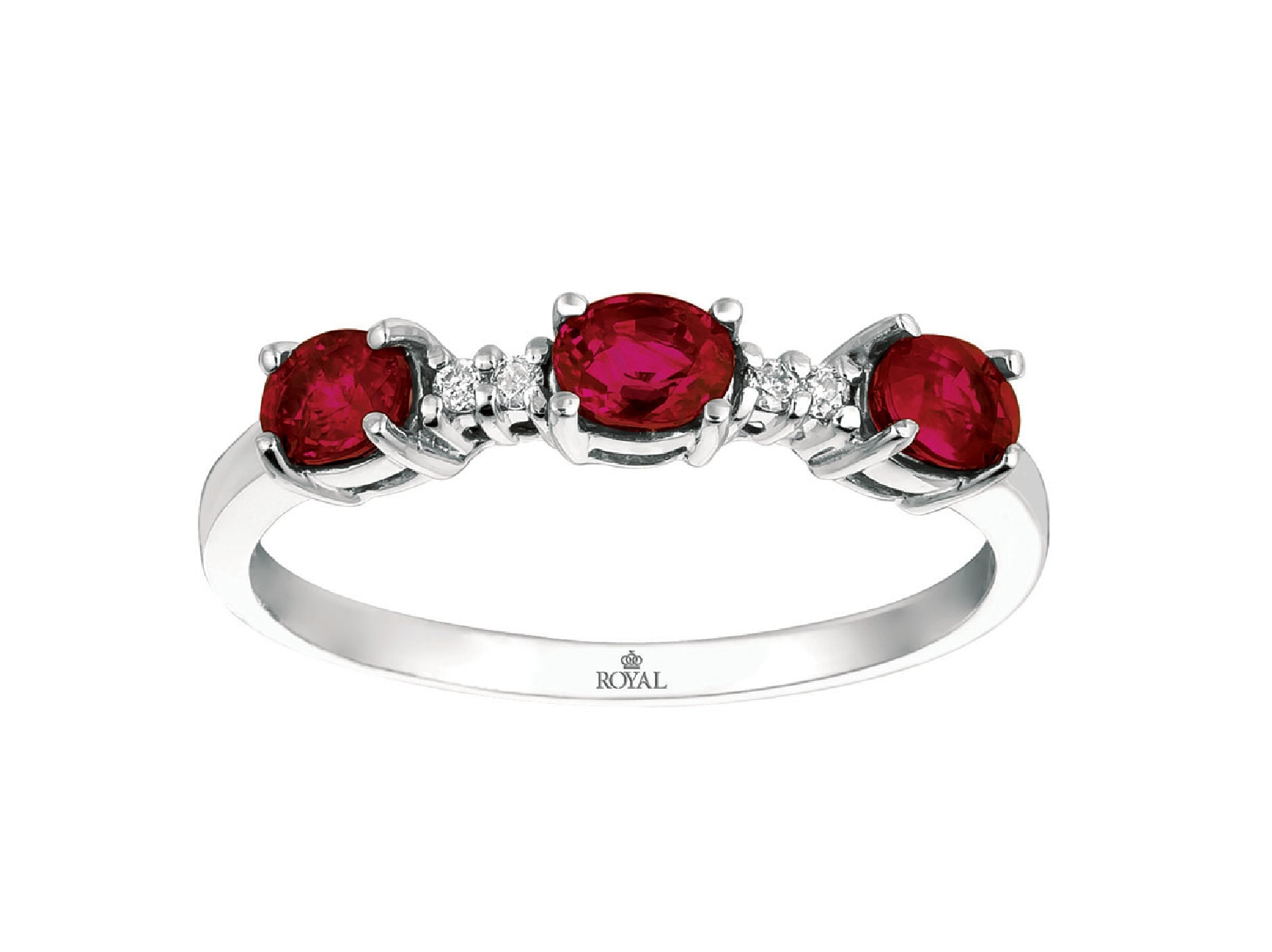 14K White Gold Tri-Ruby Stackable Band with Diamond Accents 
Size 6.5 .06 CT Diamonds .60 CT Rubies

W3820RB