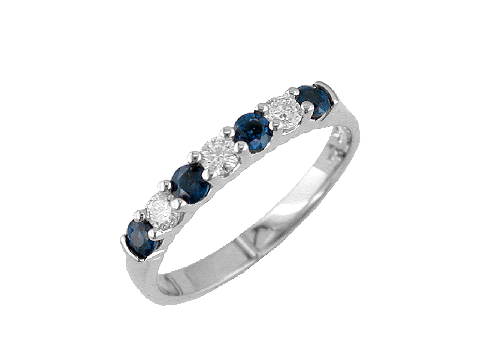 14K White Gold Tri-Sapphire Ring with Overlapping X Style Diamond Accents 
Size 7.5 .04CT Diamonds .55CT Sapphires 
WC4335S