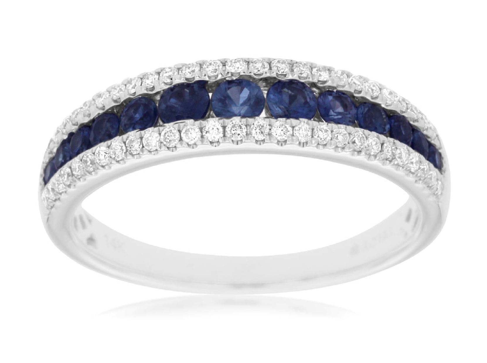 14K White Gold Channel Set Sapphire Ring with Diamond Accents 
Size 7 .22CT Diamonds .65CT Sapphires 
WC8673S