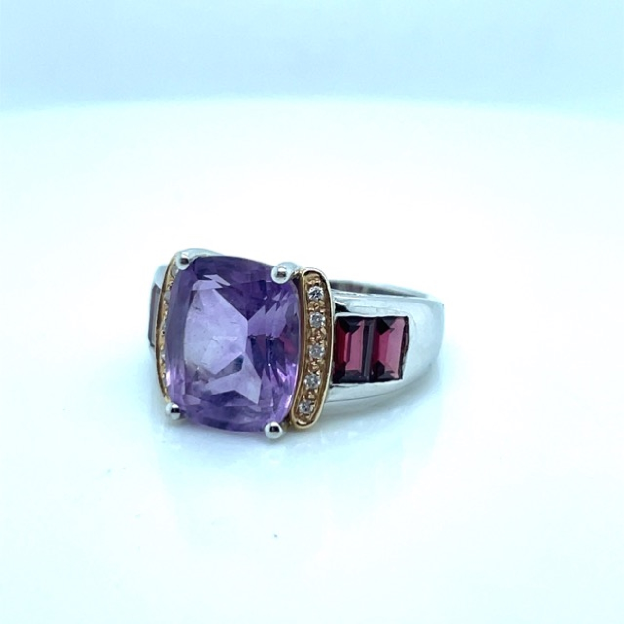 14K White Gold Amethyst Ring with Tourmaline and Diamond Accents 
Size 7